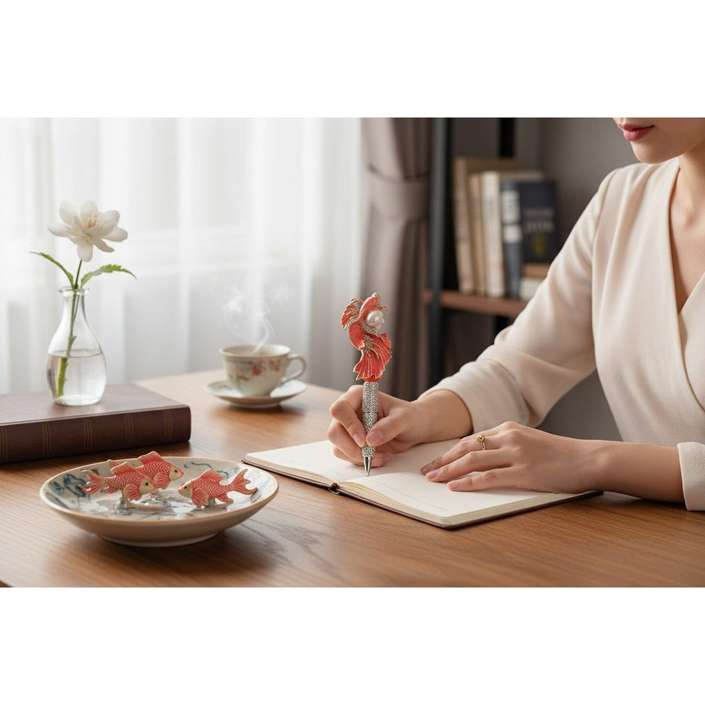 Luxury Jeweled Decorative Pen – Crystal Encrusted Phoenix/Fish Design, Pearl Accent, Collectible Gift