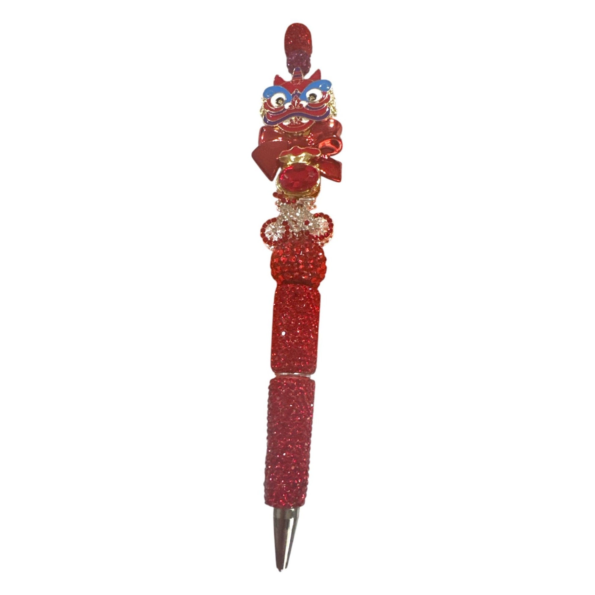 Chinese Lion Dance Red Bejeweled Ballpoint Pen With Rhinestone Accents Deluxe Writing Accessory