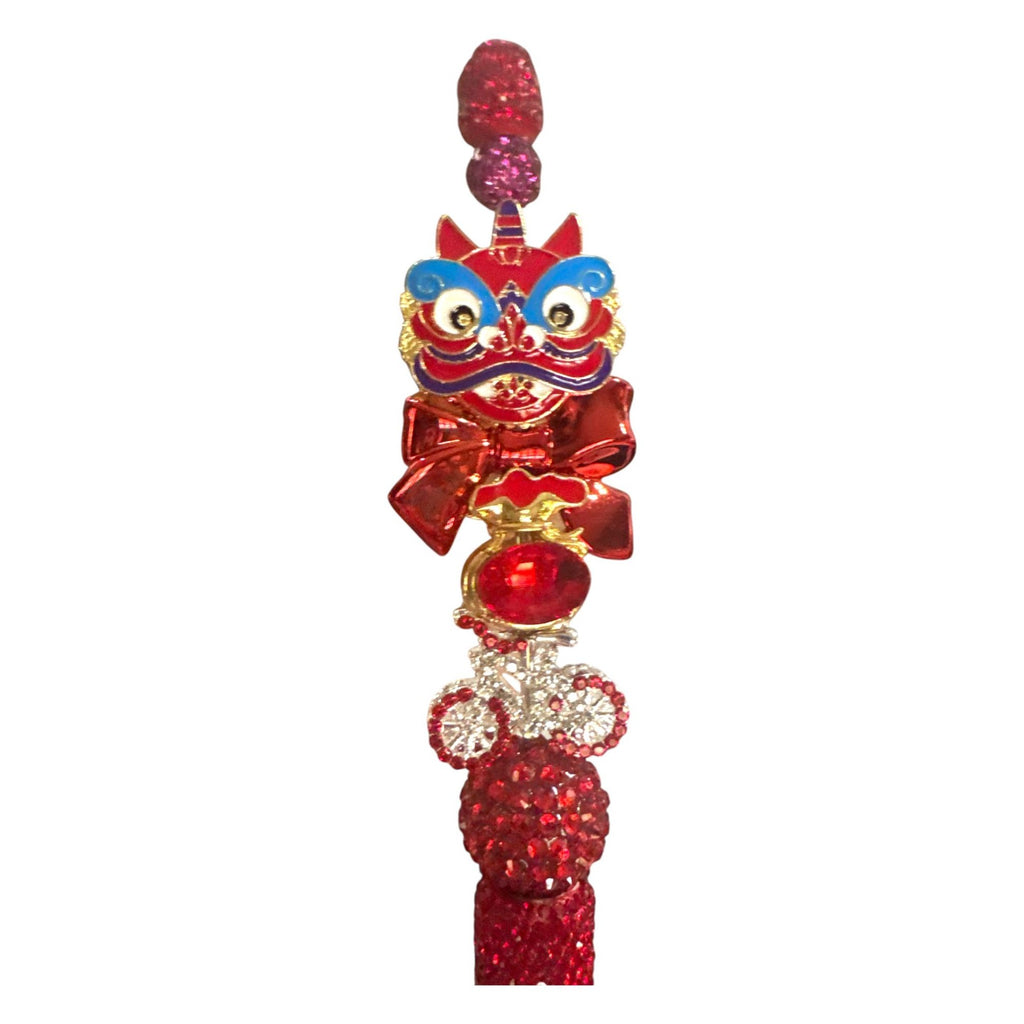 Chinese Lion Dance Red Bejeweled Ballpoint Pen With Rhinestone Accents Deluxe Writing Accessory