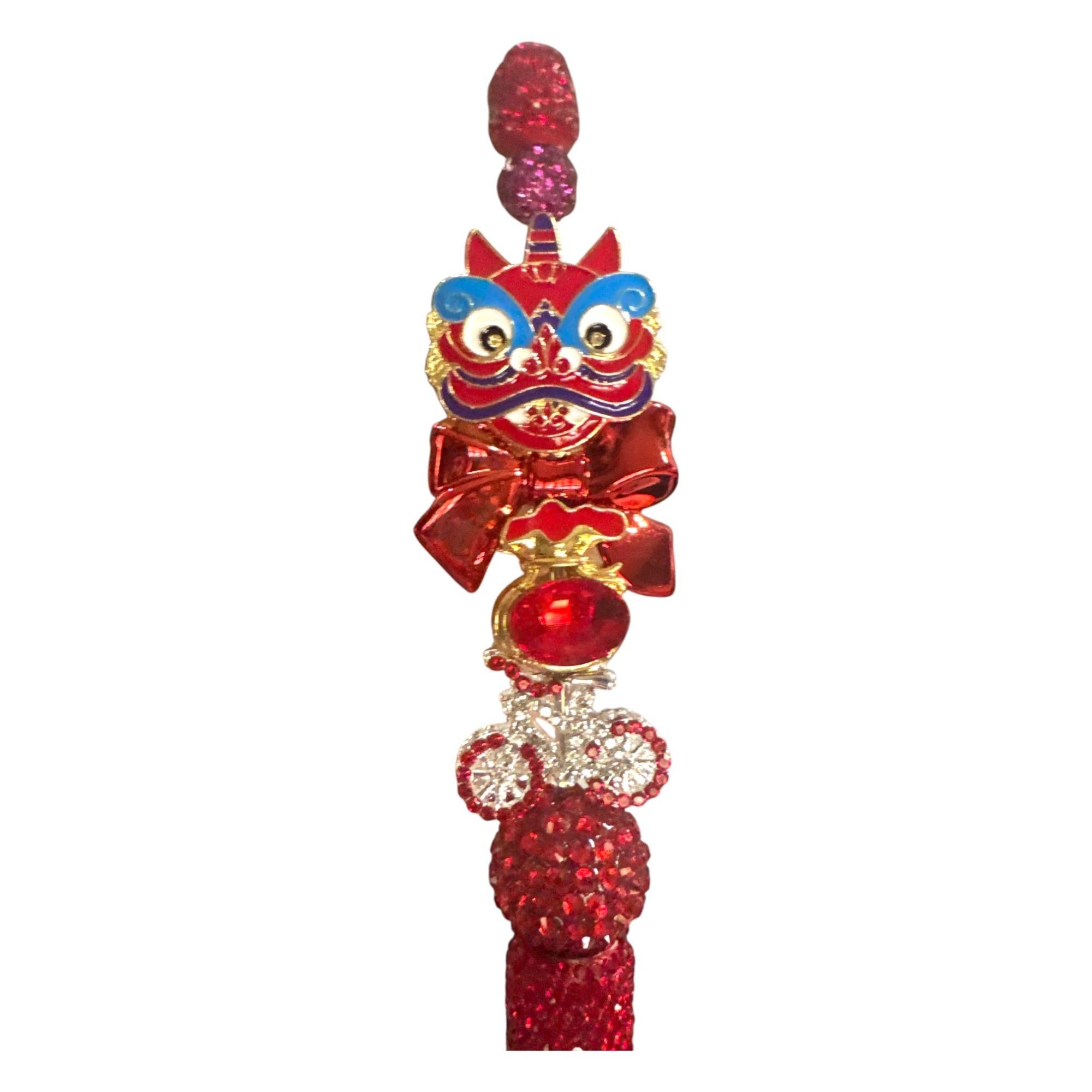 Chinese Lion Dance Red Bejeweled Ballpoint Pen With Rhinestone Accents Deluxe Writing Accessory