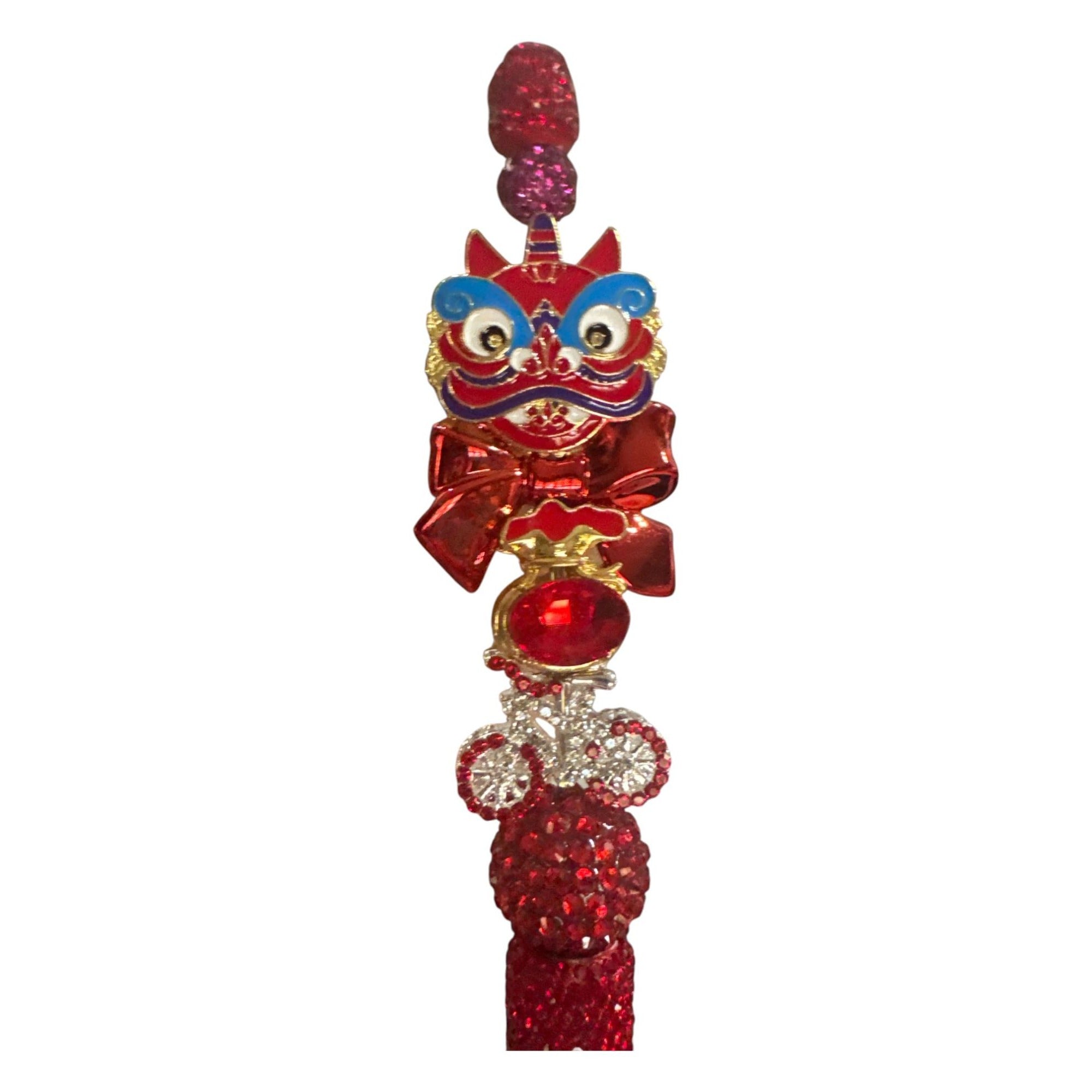 Chinese Lion Dance Red Bejeweled Ballpoint Pen With Rhinestone Accents Deluxe Writing Accessory