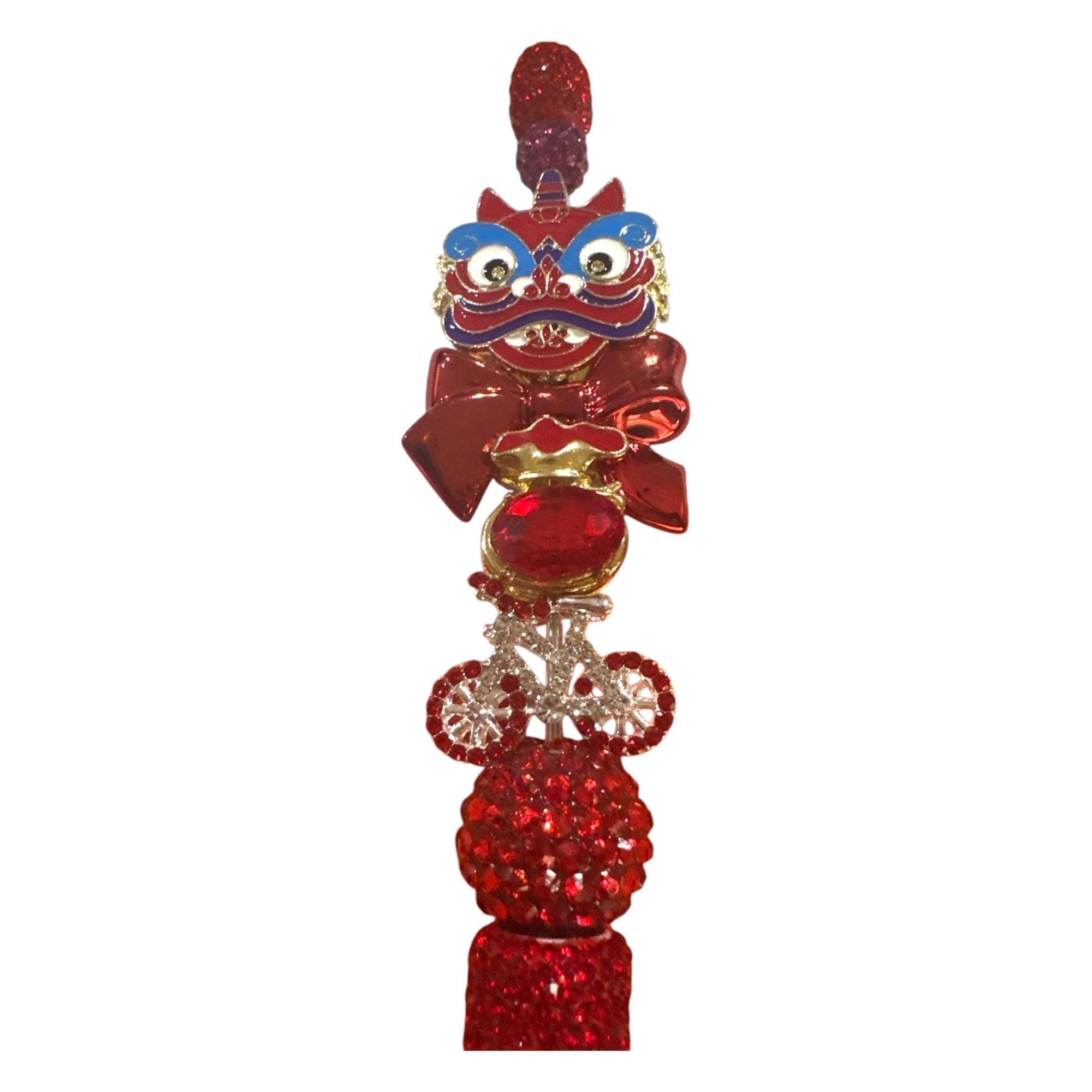 Chinese Lion Dance Red Bejeweled Ballpoint Pen With Rhinestone Accents Deluxe Writing Accessory