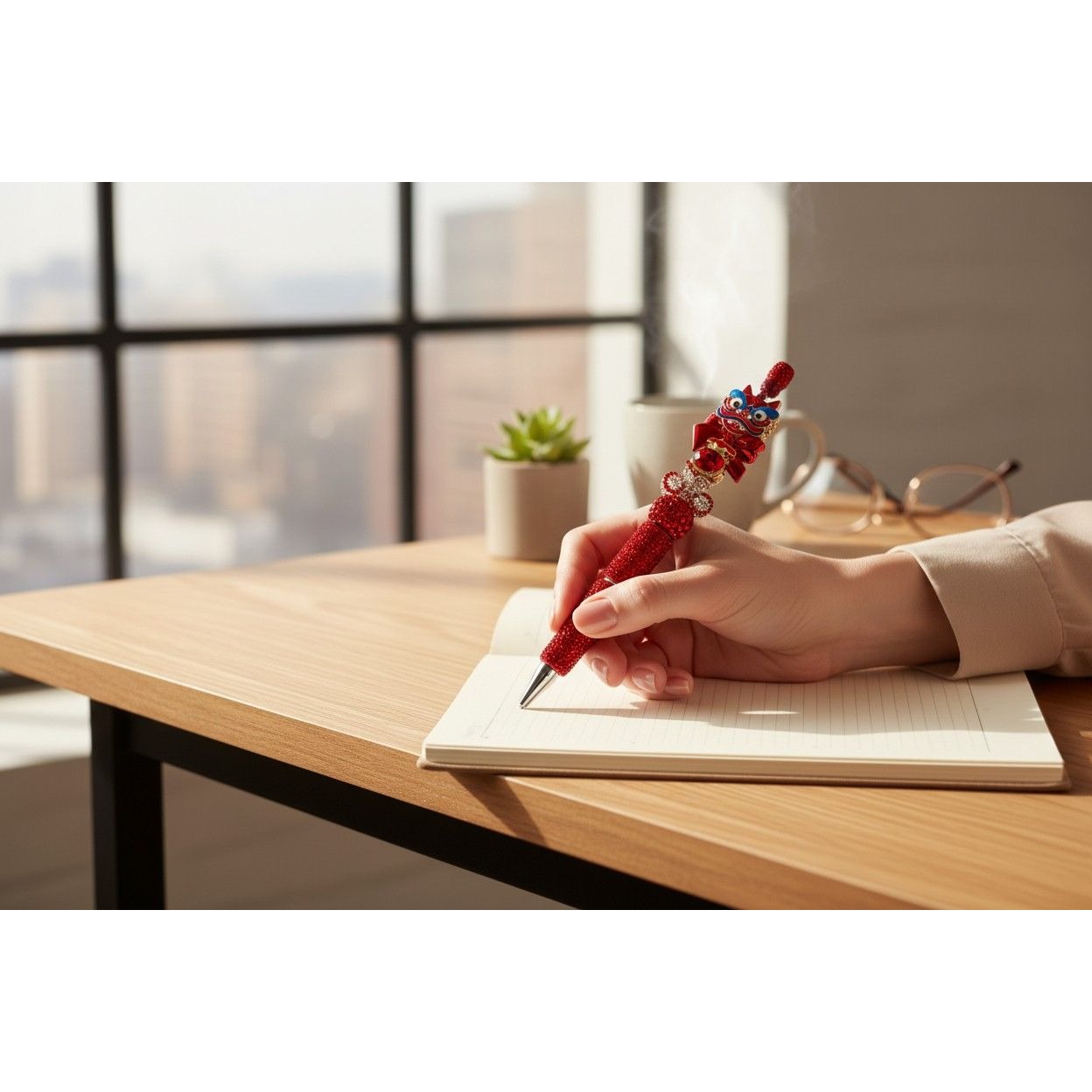 Chinese Lion Dance Red Bejeweled Ballpoint Pen With Rhinestone Accents Deluxe Writing Accessory