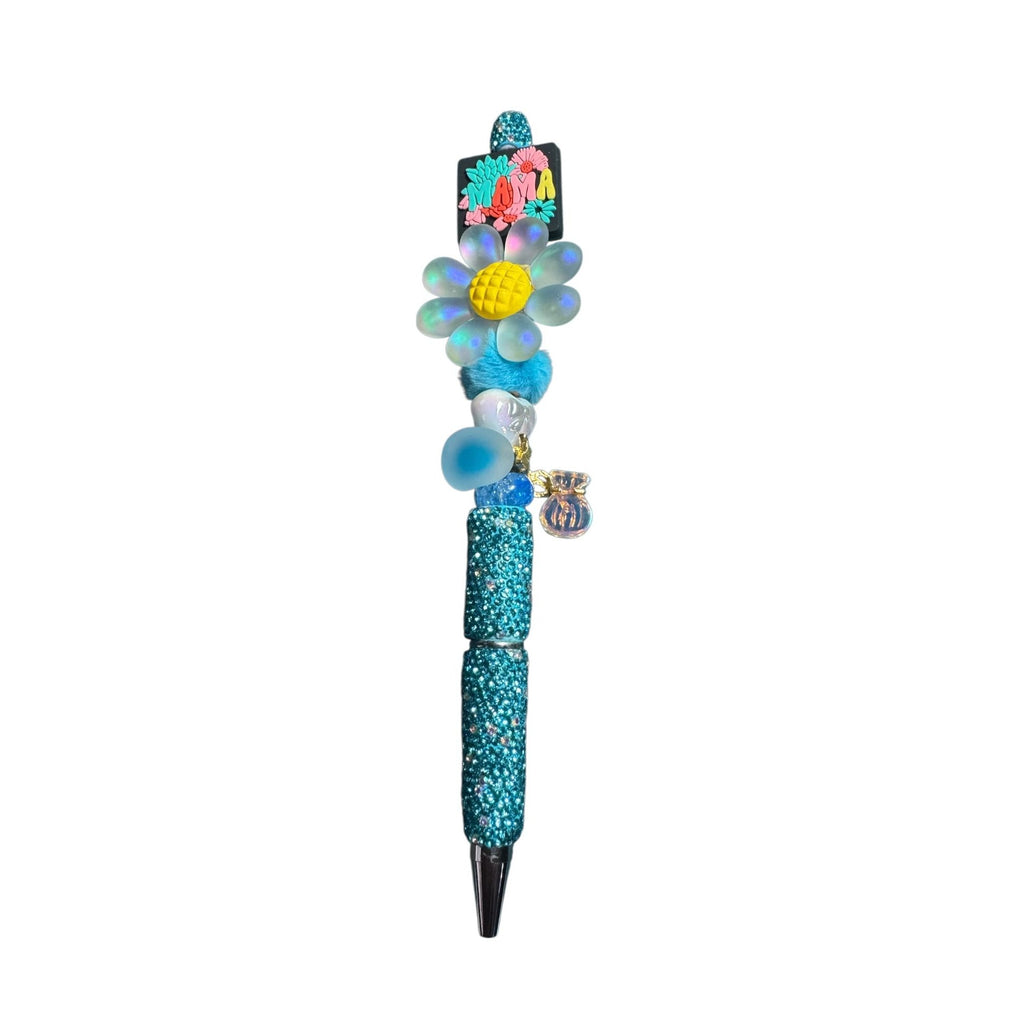 Mama-Themed Beaded Glitter Pen With Floral Charm Blue & Yellow Gift For Moms