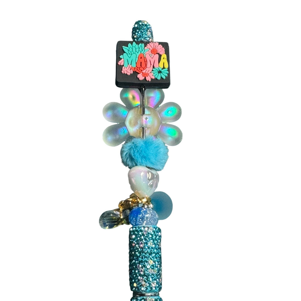 Mama-Themed Beaded Glitter Pen With Floral Charm Blue & Yellow Gift For Moms