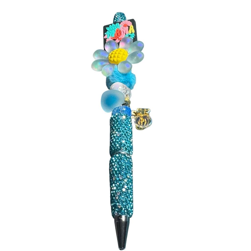 Mama-Themed Beaded Glitter Pen With Floral Charm Blue & Yellow Gift For Moms