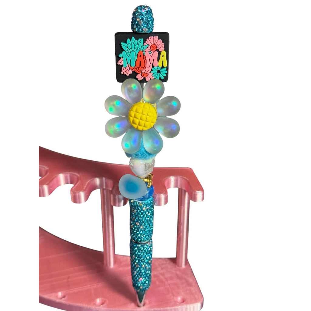 Mama-Themed Beaded Glitter Pen With Floral Charm Blue & Yellow Gift For Moms
