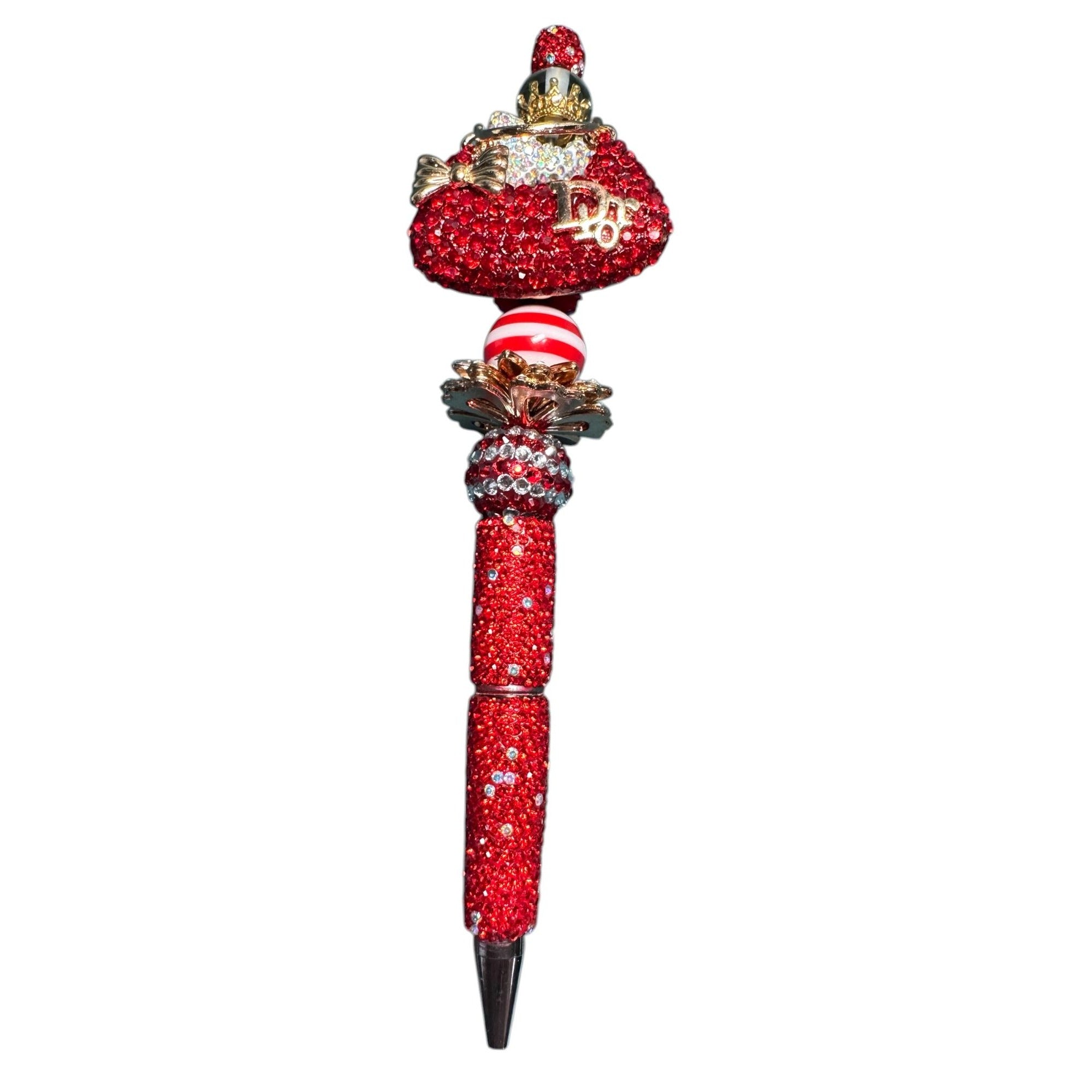 Handcrafted Red Crystal Pen With Decorative Charms & Gold Accents