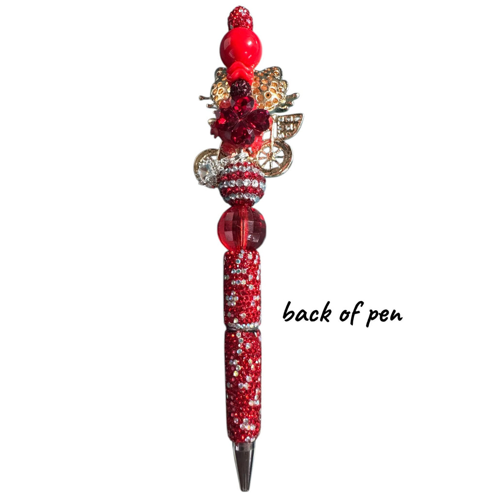 Handcrafted Red Crystal Pen With Decorative Charms & Gold Accents