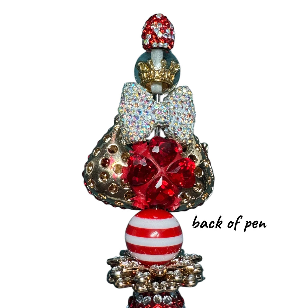 Handcrafted Red Crystal Pen With Decorative Charms & Gold Accents