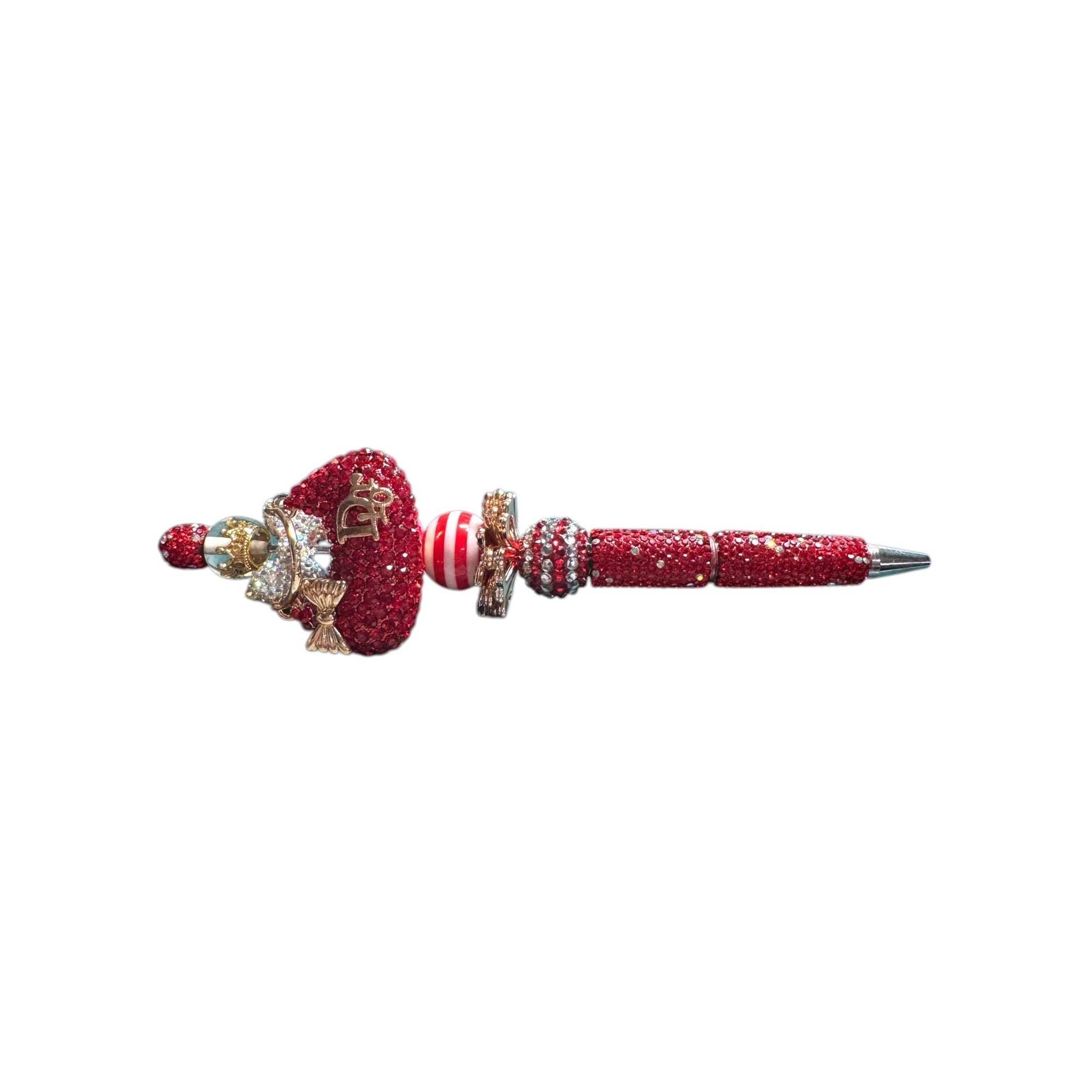 Handcrafted Red Crystal Pen With Decorative Charms & Gold Accents