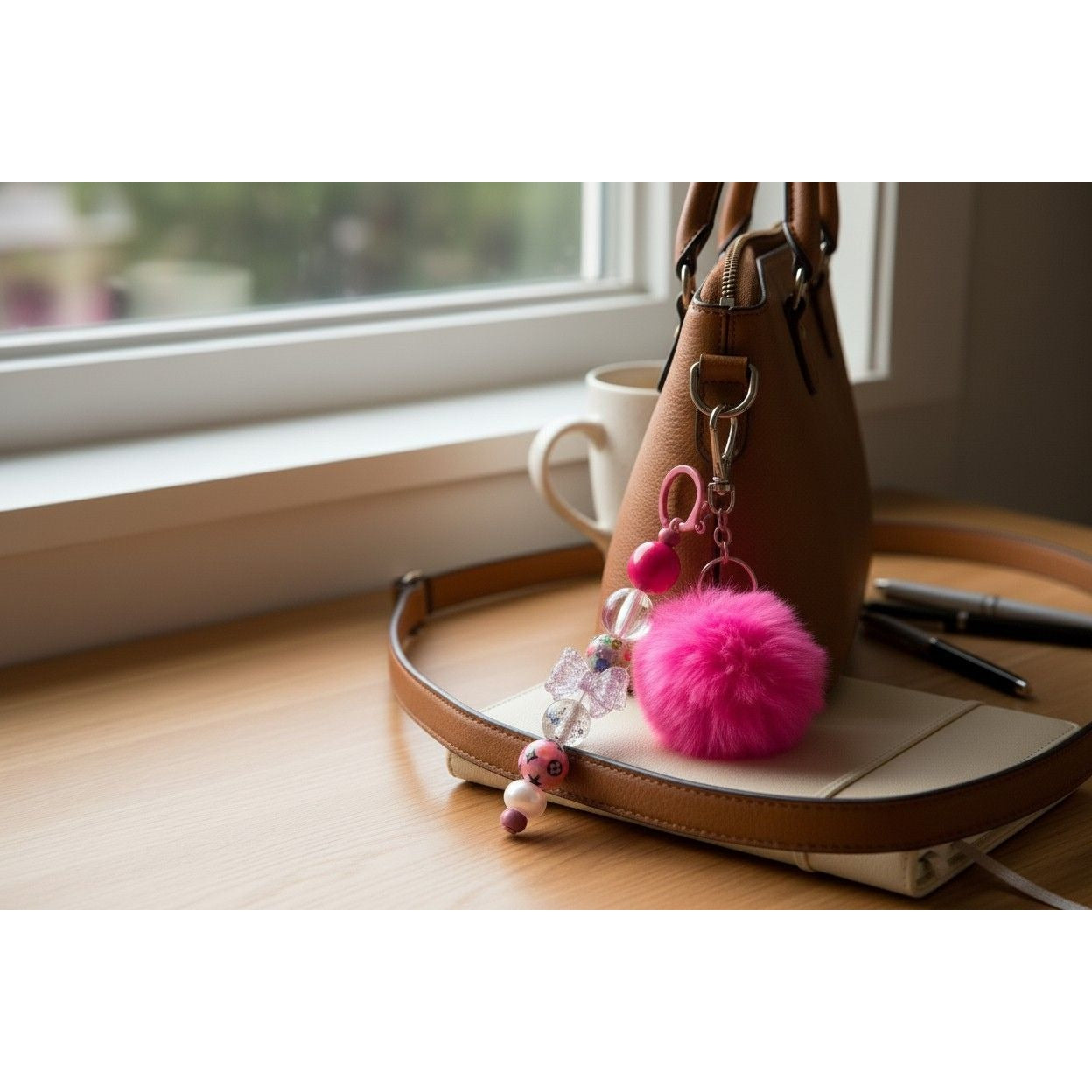 Pink Beaded Keychain With Fluffy Pom-Pom Charm Purse Clip Accessory