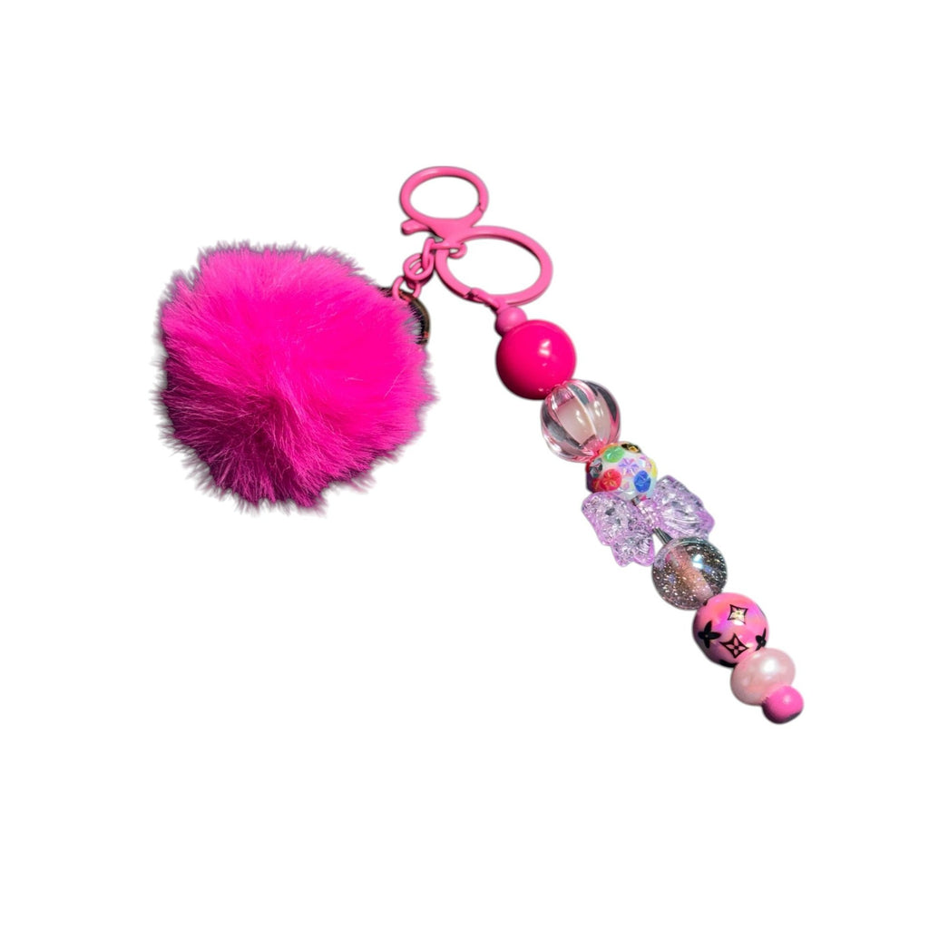 Pink Beaded Keychain With Fluffy Pom-Pom Charm Purse Clip Accessory