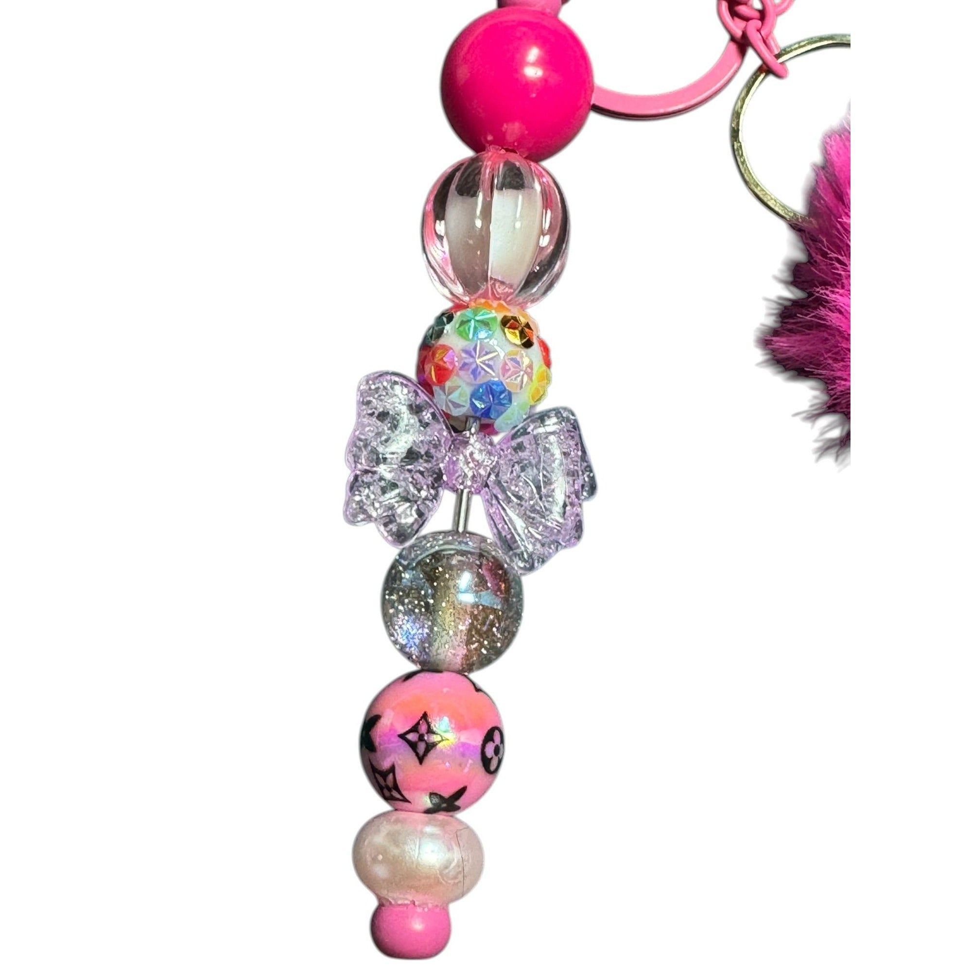 Pink Beaded Keychain With Fluffy Pom-Pom Charm Purse Clip Accessory