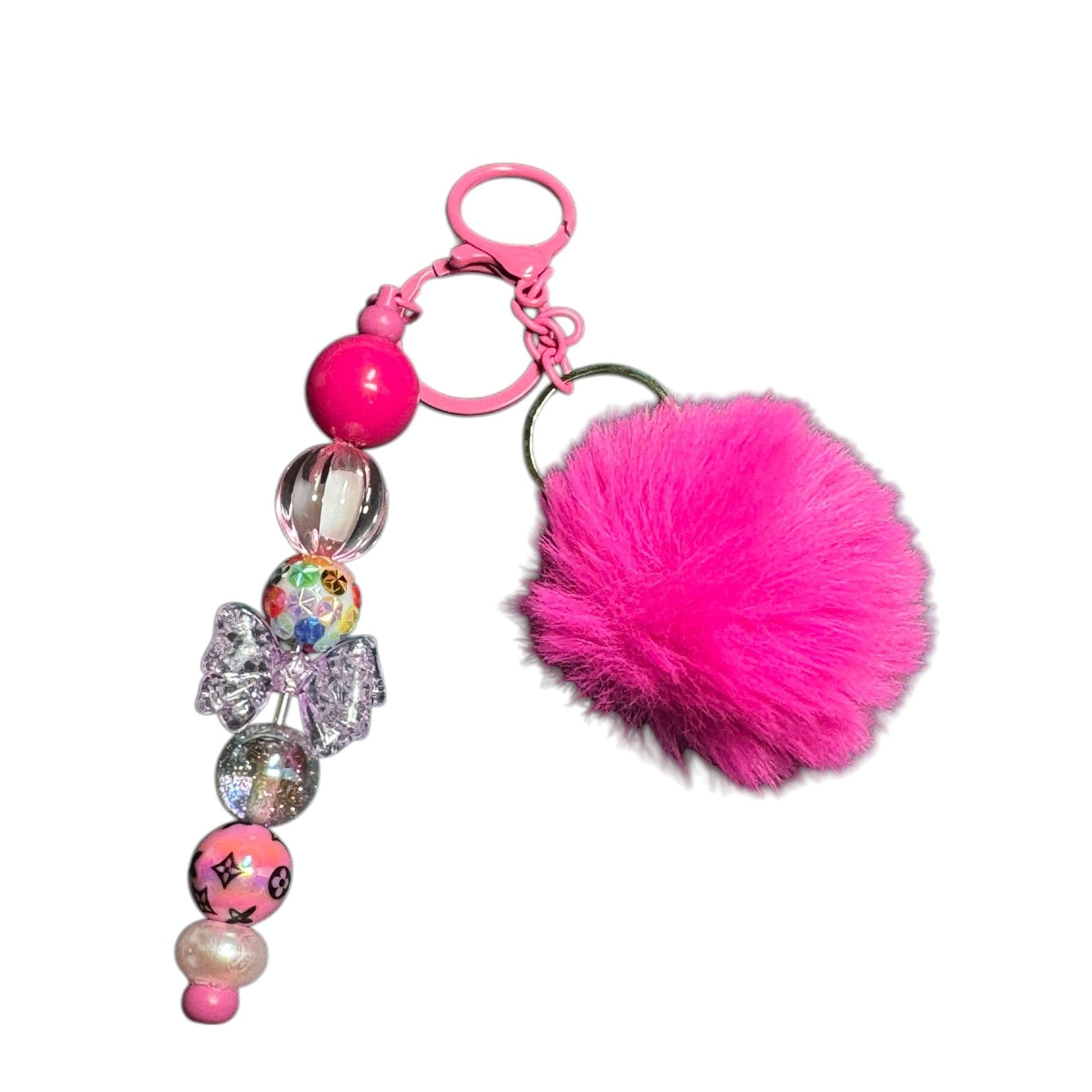 Pink Beaded Keychain With Fluffy Pom-Pom Charm Purse Clip Accessory