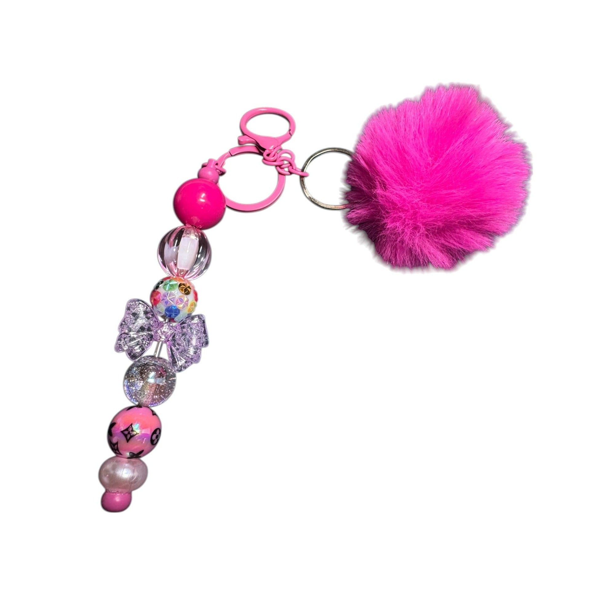 Pink Beaded Keychain With Fluffy Pom-Pom Charm Purse Clip Accessory