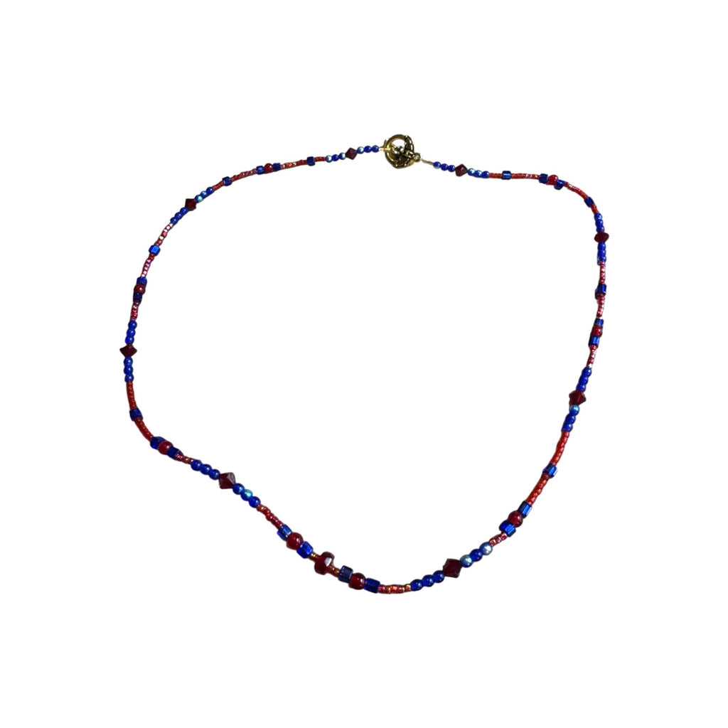 Handmade Beaded Necklace With Gold Toggle Clasp Red & Blue Glass Beads Minimalist Jewelry