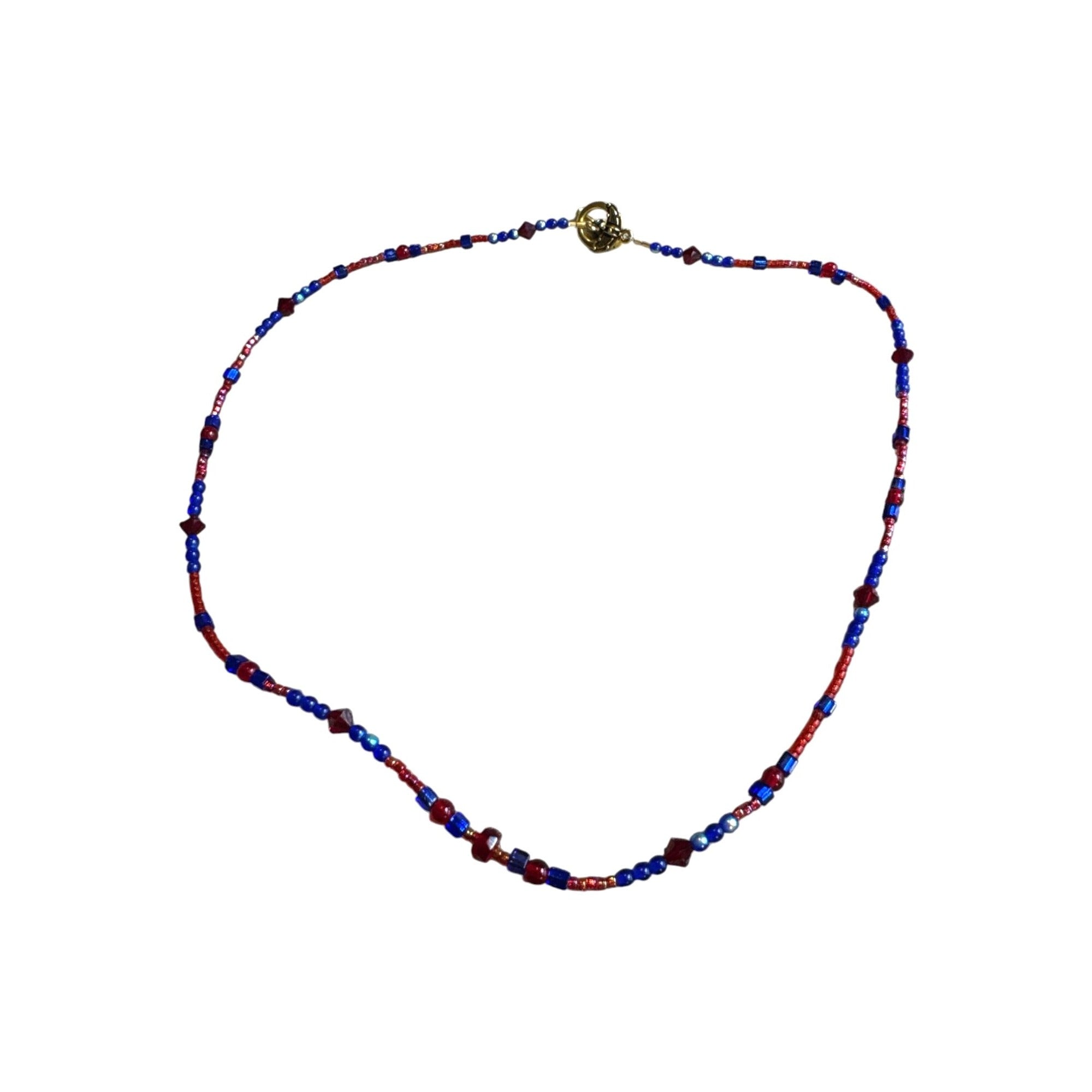 Handmade Beaded Necklace With Gold Toggle Clasp Red & Blue Glass Beads Minimalist Jewelry