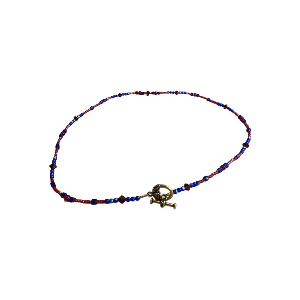 Handmade Beaded Necklace With Gold Toggle Clasp Red & Blue Glass Beads Minimalist Jewelry