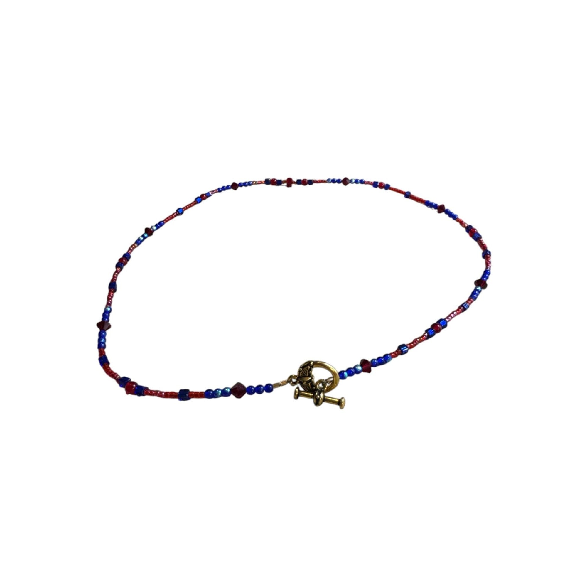 Handmade Beaded Necklace With Gold Toggle Clasp Red & Blue Glass Beads Minimalist Jewelry