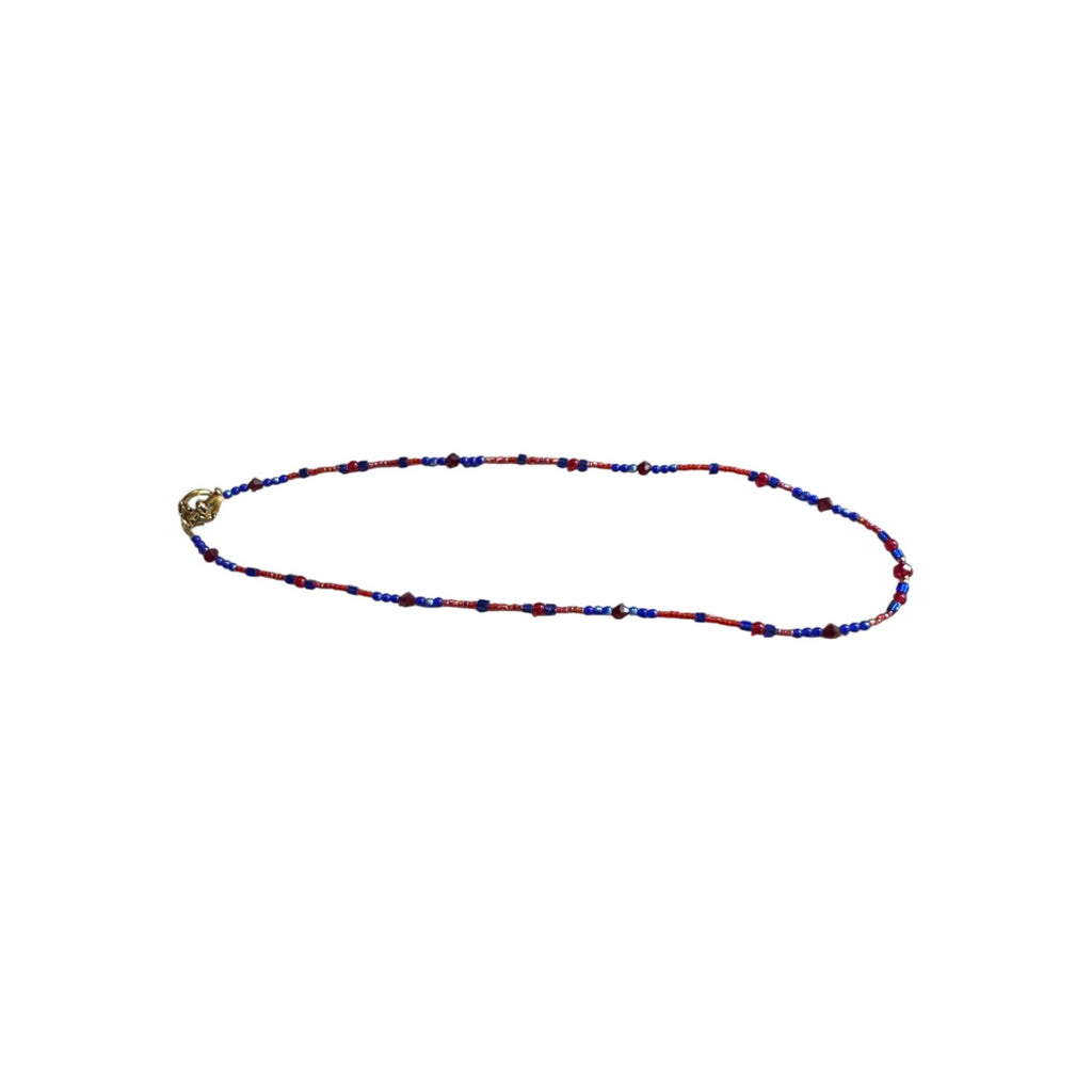 Handmade Beaded Necklace With Gold Toggle Clasp Red & Blue Glass Beads Minimalist Jewelry