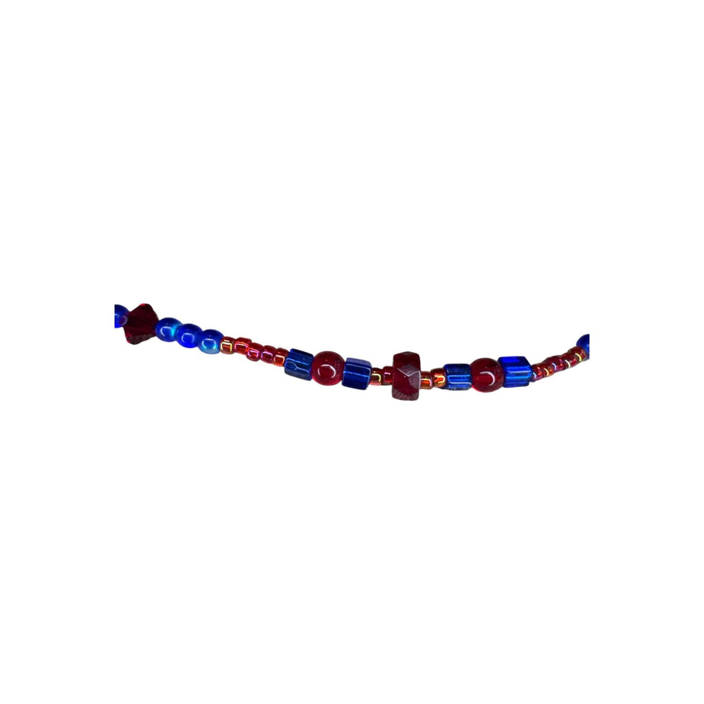 Handmade Beaded Necklace With Gold Toggle Clasp Red & Blue Glass Beads Minimalist Jewelry