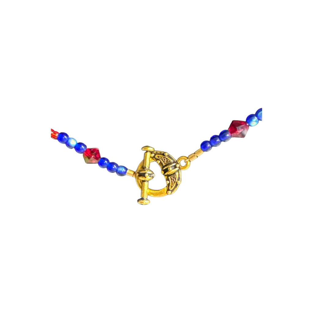Handmade Beaded Necklace With Gold Toggle Clasp Red & Blue Glass Beads Minimalist Jewelry