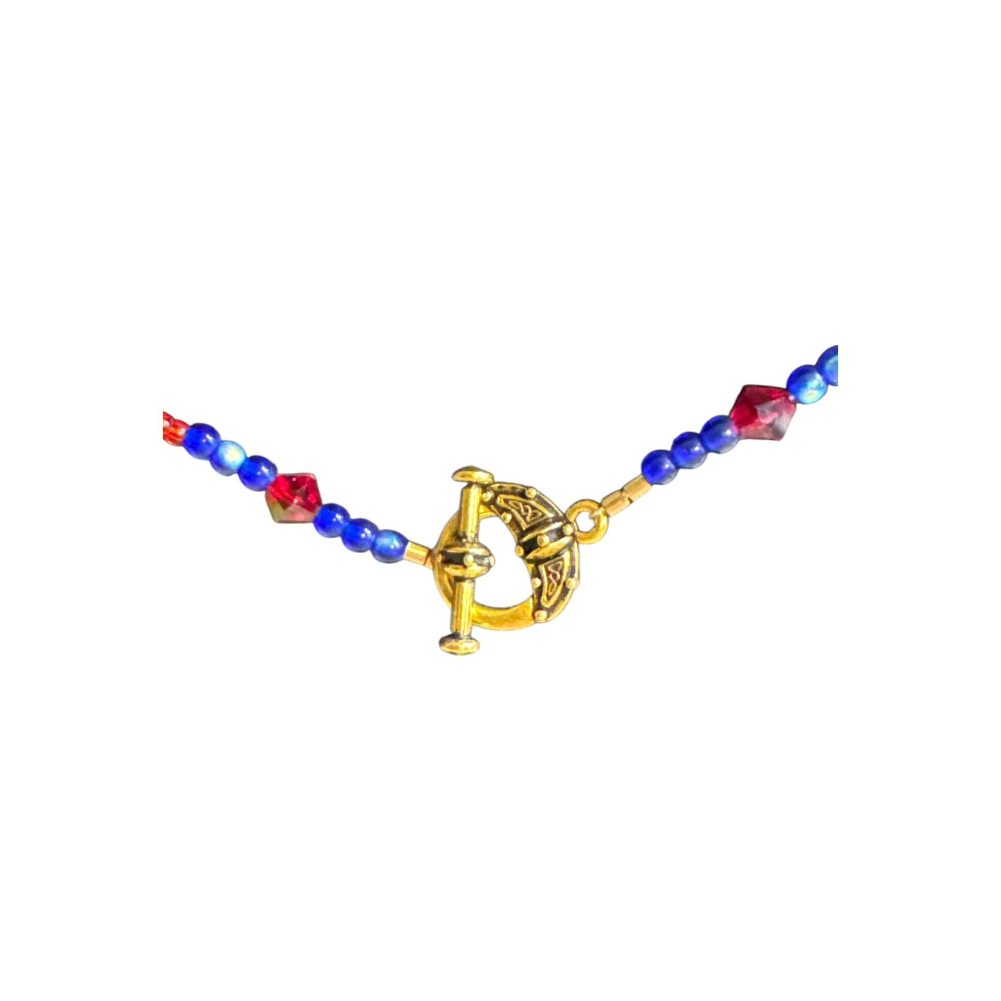 Handmade Beaded Necklace With Gold Toggle Clasp Red & Blue Glass Beads Minimalist Jewelry
