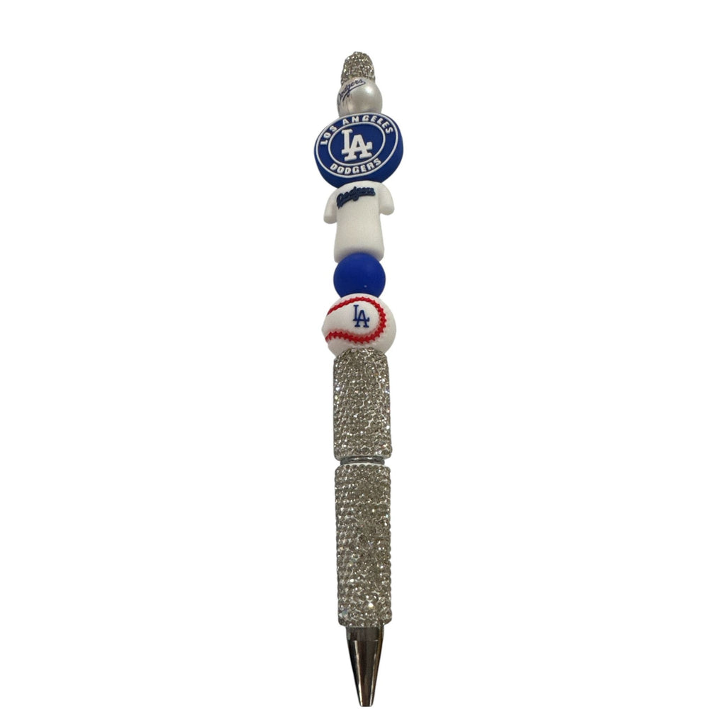 Los Angeles Dodgers Themed Glitter Pen With Decorative Beaded Design Silver & Blue