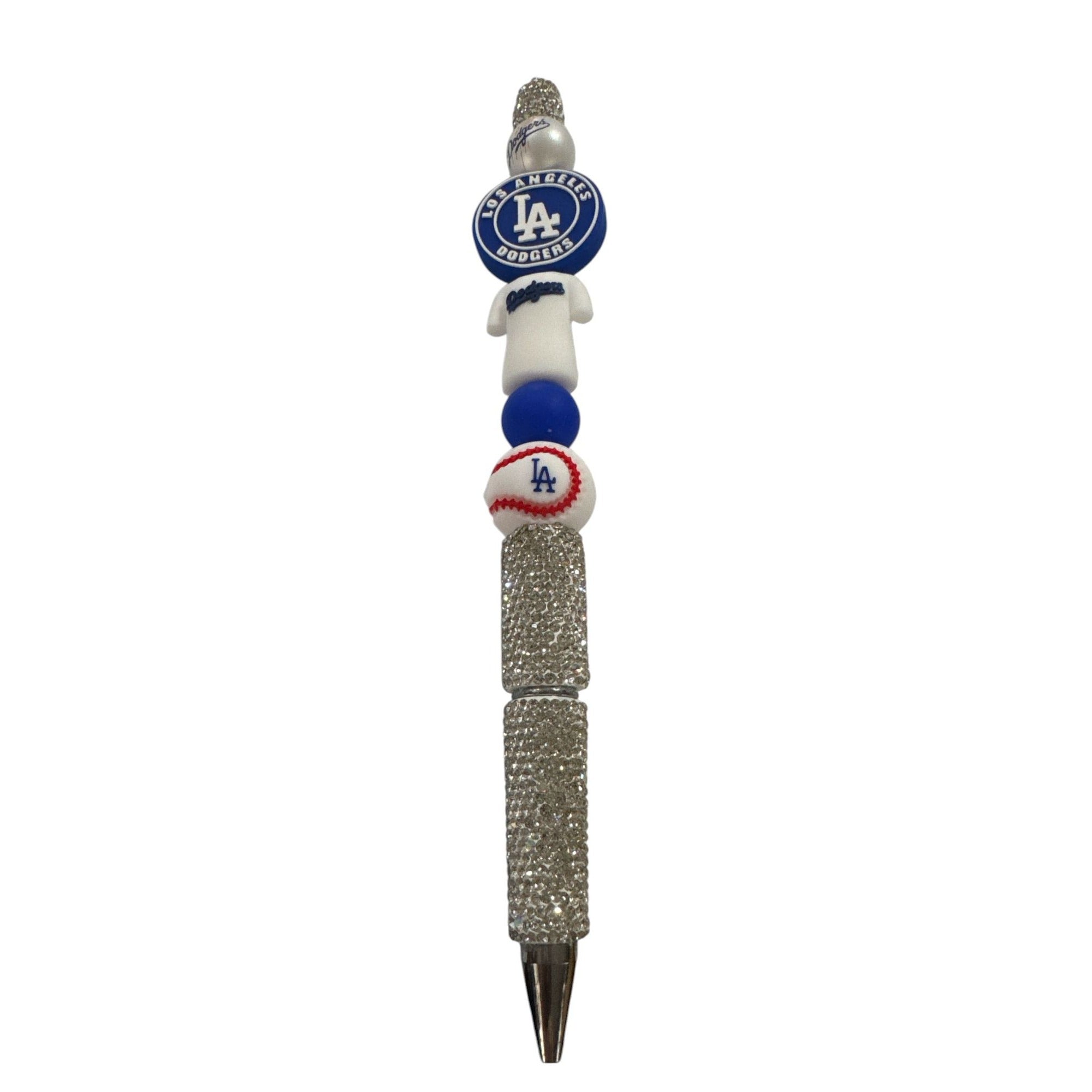 Los Angeles Dodgers Themed Glitter Pen With Decorative Beaded Design Silver & Blue