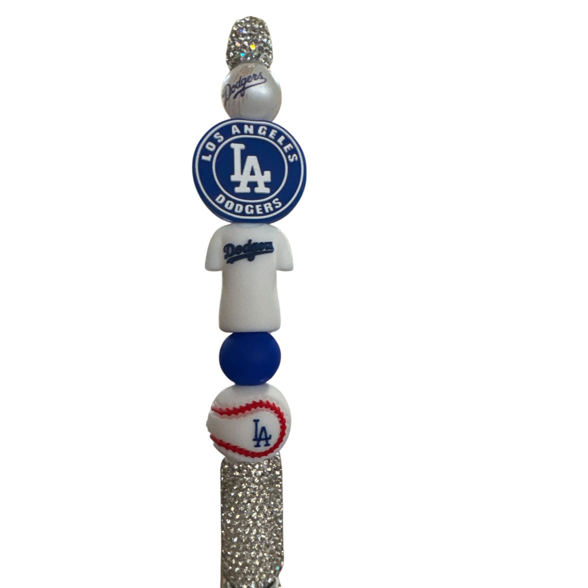 Los Angeles Dodgers Themed Glitter Pen With Decorative Beaded Design Silver & Blue