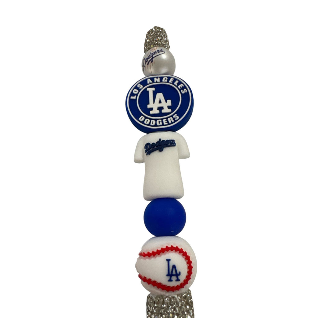 Los Angeles Dodgers Themed Glitter Pen With Decorative Beaded Design Silver & Blue