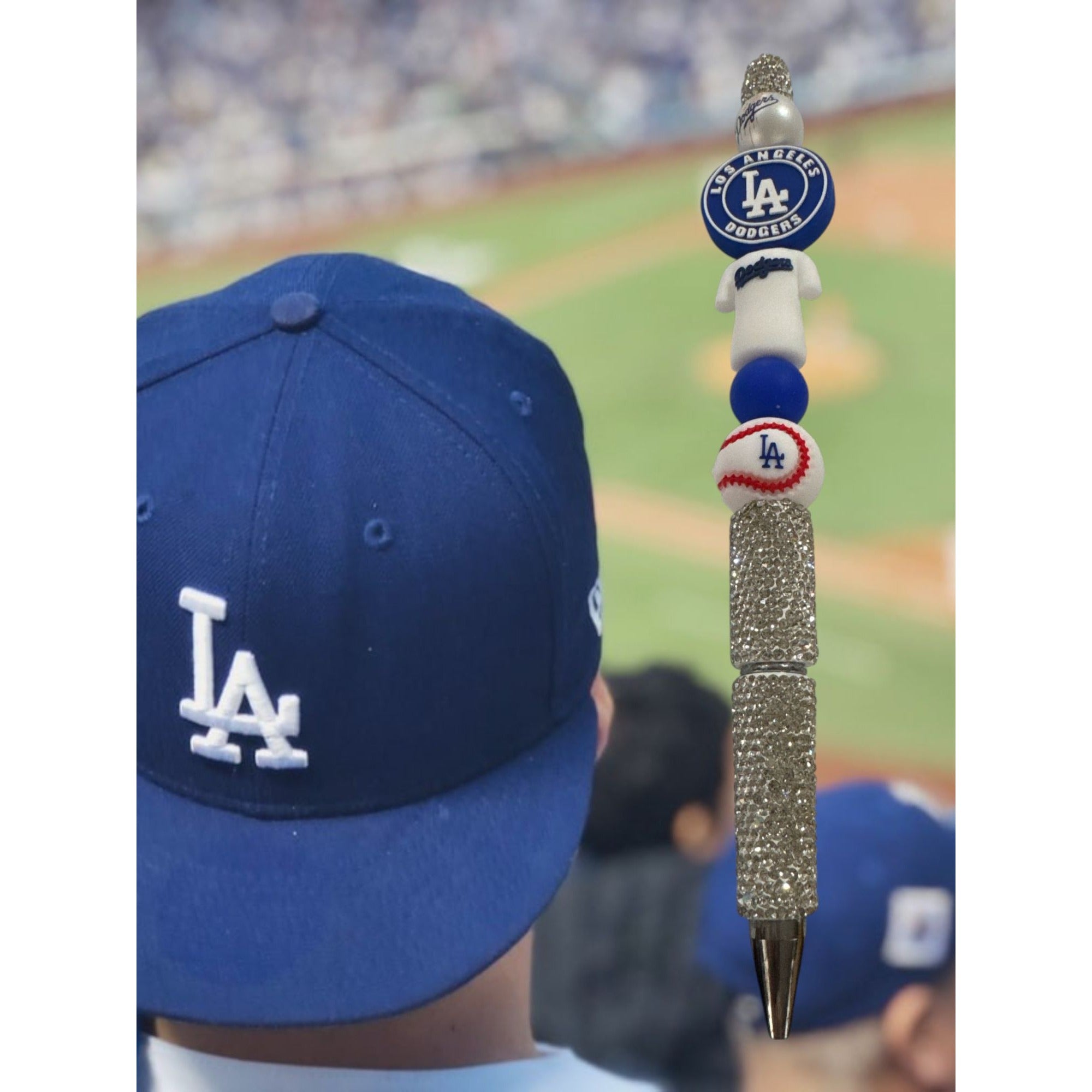 Los Angeles Dodgers Themed Glitter Pen With Decorative Beaded Design Silver & Blue