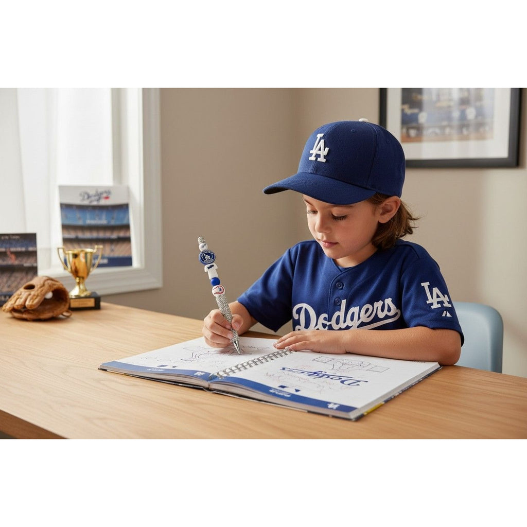 Los Angeles Dodgers Themed Glitter Pen With Decorative Beaded Design Silver & Blue