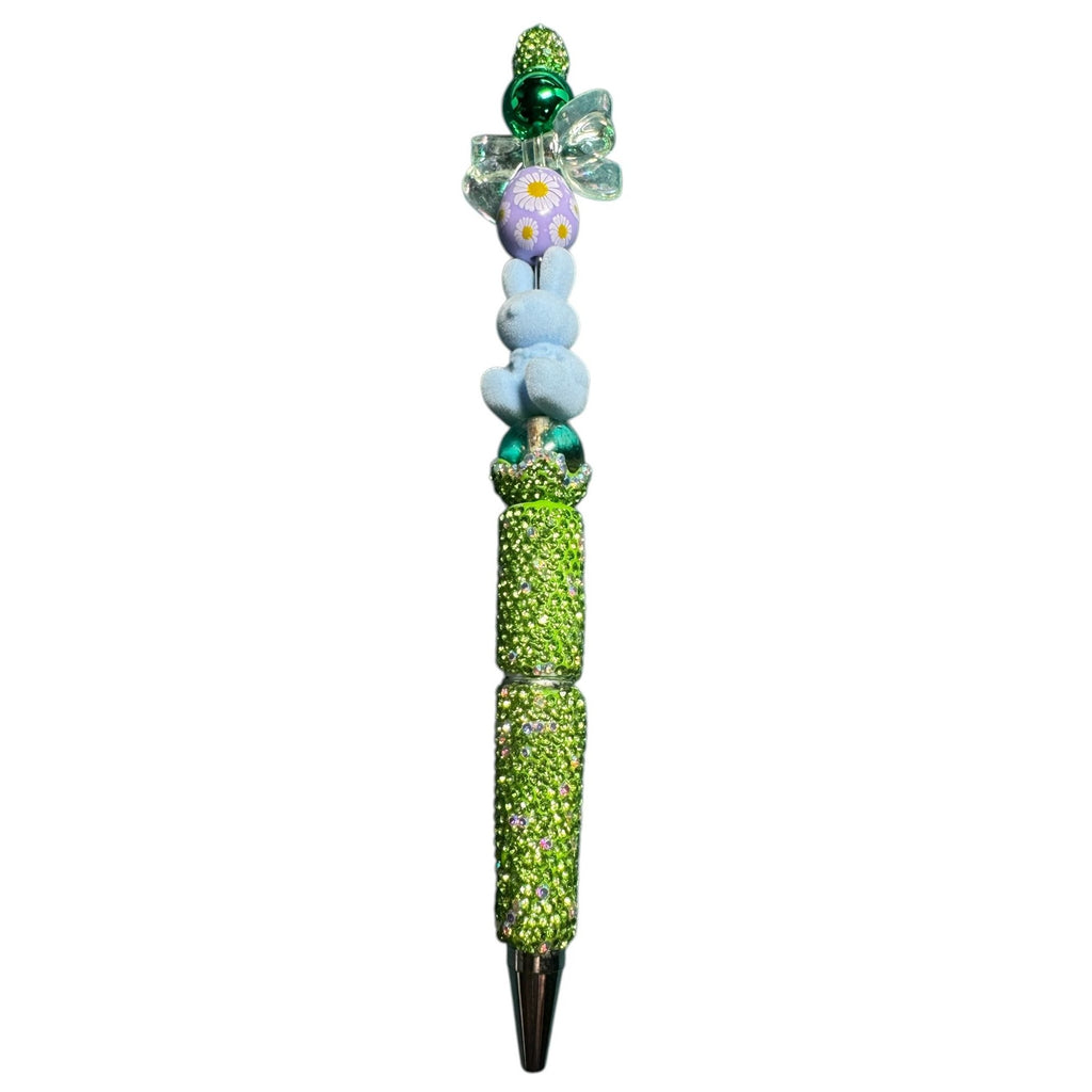 Easter-Themed Decorative Pen With Green Rhinestones Blue Bunny Daisies And Bow Fun Writing Accessory Or Novelty Gift