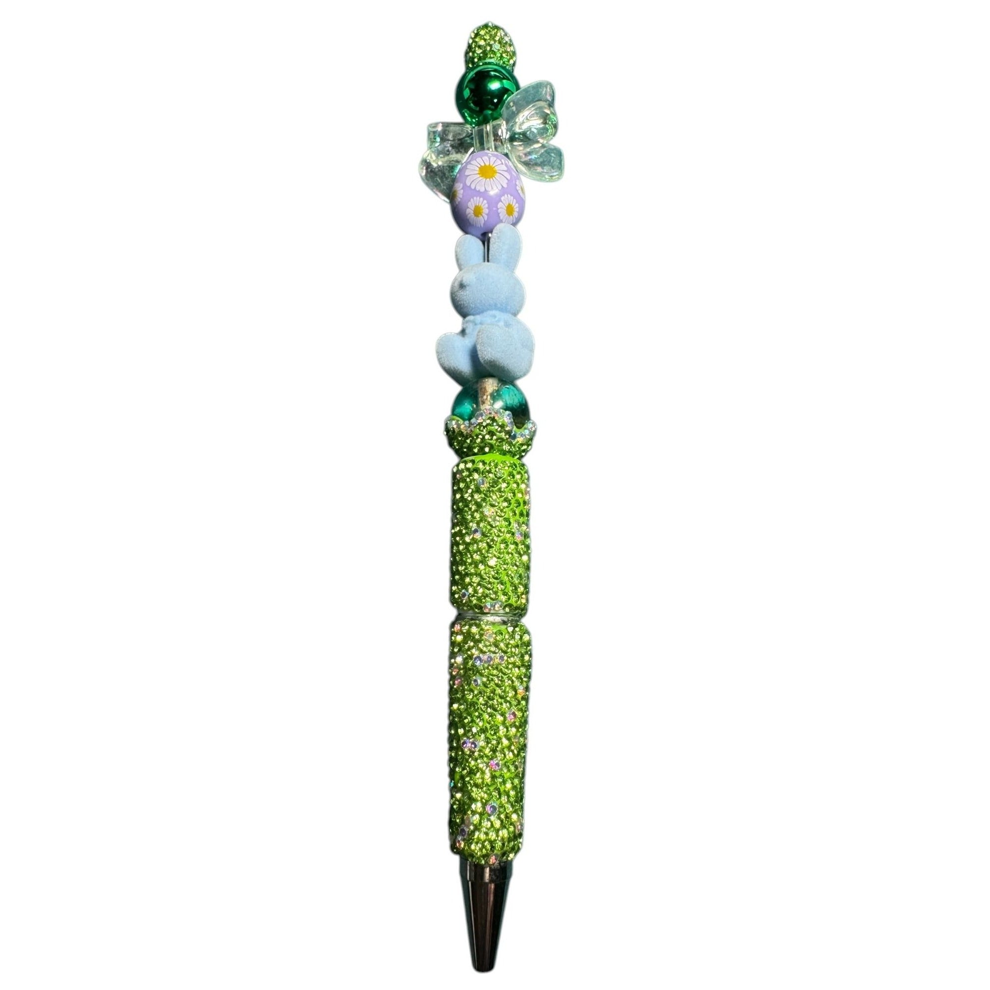 Easter-Themed Decorative Pen With Green Rhinestones Blue Bunny Daisies And Bow Fun Writing Accessory Or Novelty Gift
