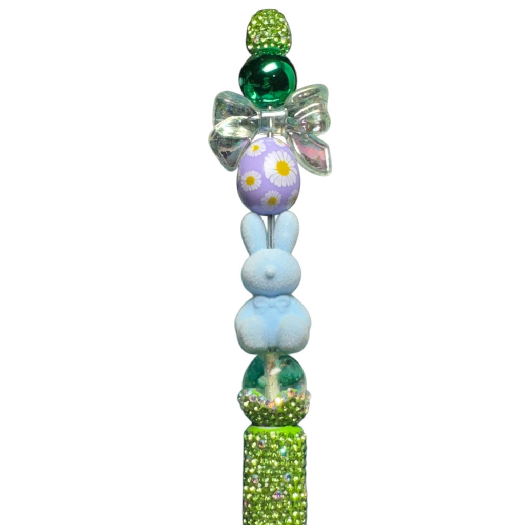 Easter-Themed Decorative Pen With Green Rhinestones Blue Bunny Daisies And Bow Fun Writing Accessory Or Novelty Gift