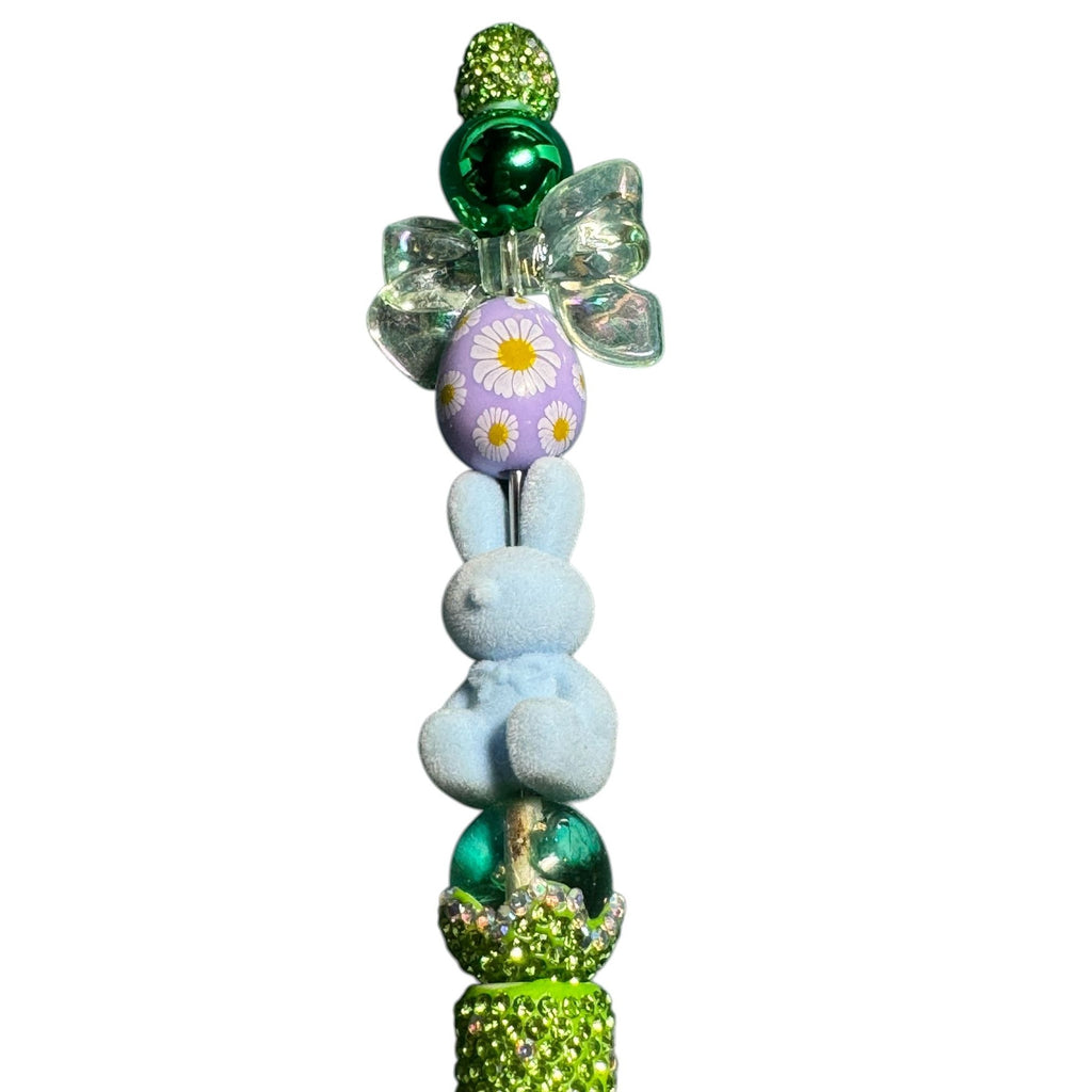 Easter-Themed Decorative Pen With Green Rhinestones Blue Bunny Daisies And Bow Fun Writing Accessory Or Novelty Gift