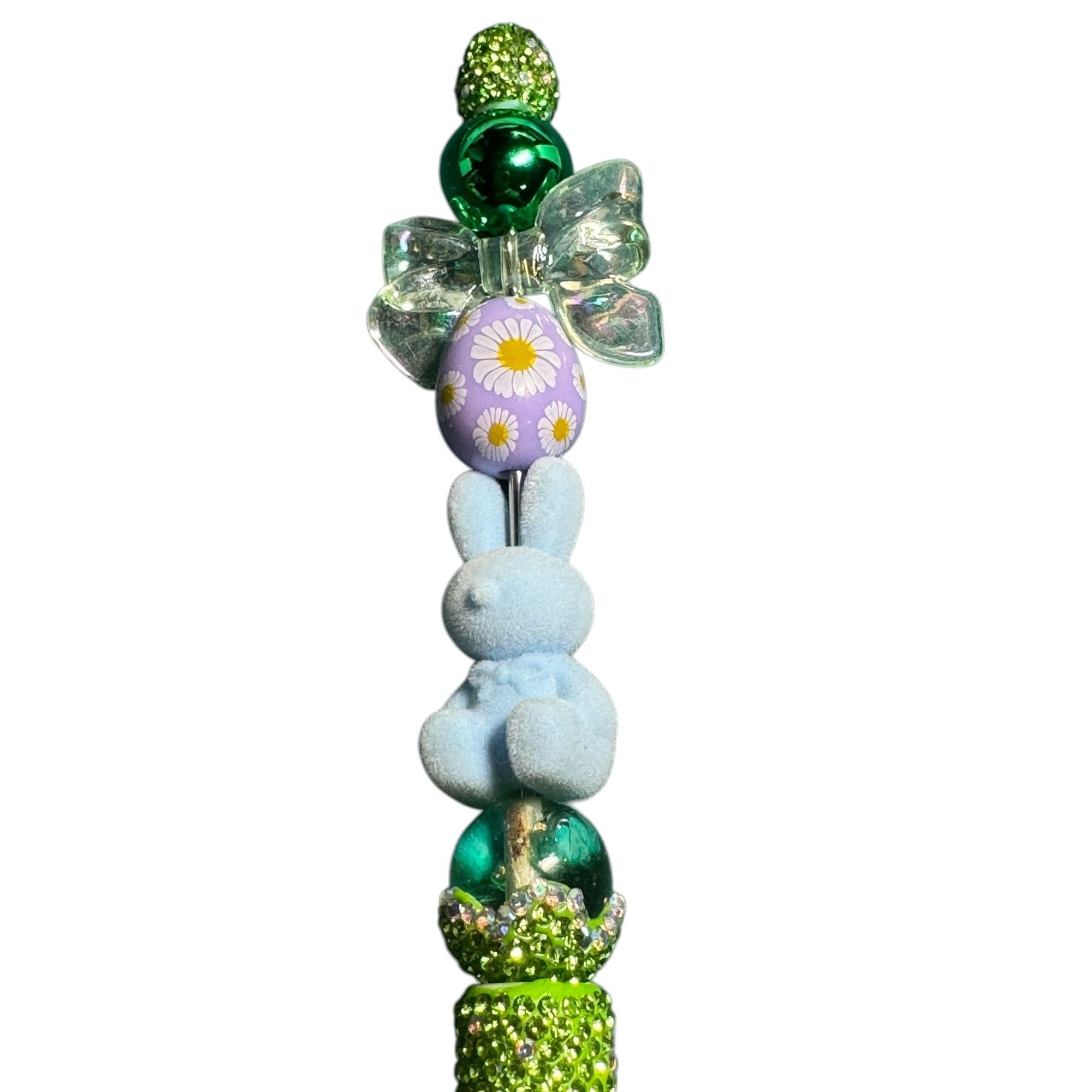 Easter-Themed Decorative Pen With Green Rhinestones Blue Bunny Daisies And Bow Fun Writing Accessory Or Novelty Gift