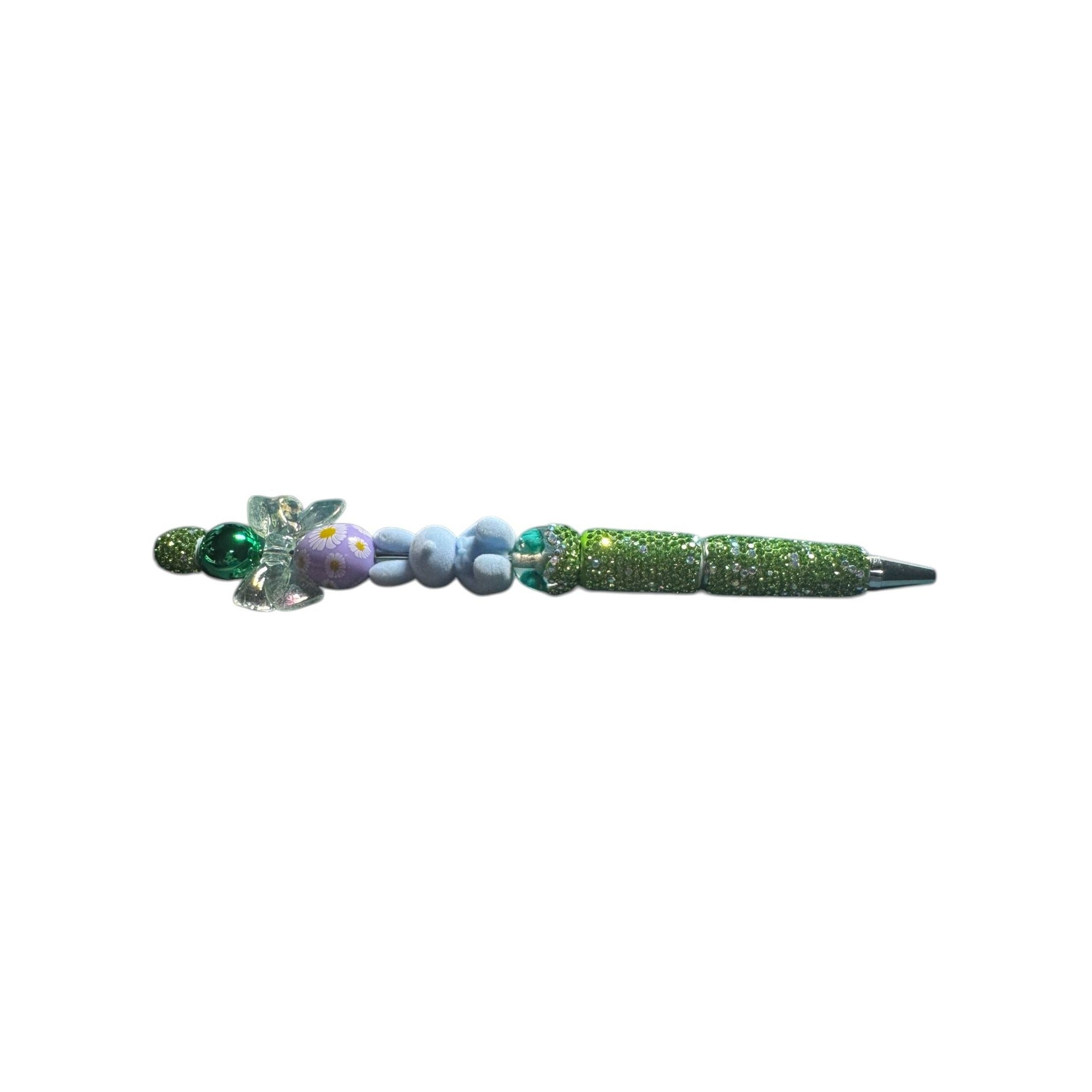 Easter-Themed Decorative Pen With Green Rhinestones Blue Bunny Daisies And Bow Fun Writing Accessory Or Novelty Gift