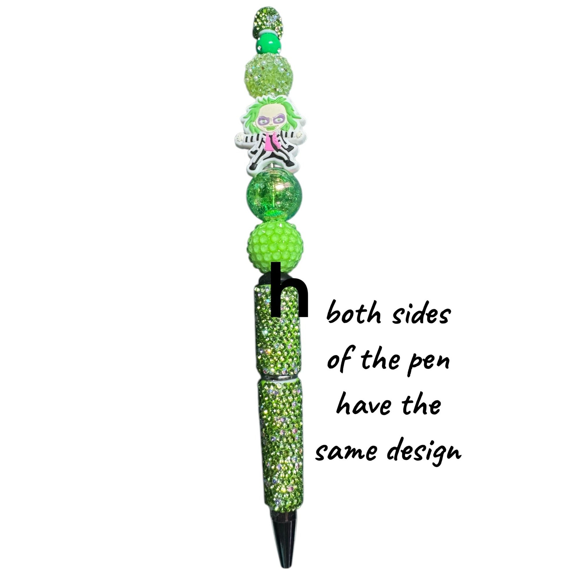 Beetlejuice-themed Beaded Novelty Pen with Green Character Charm Design