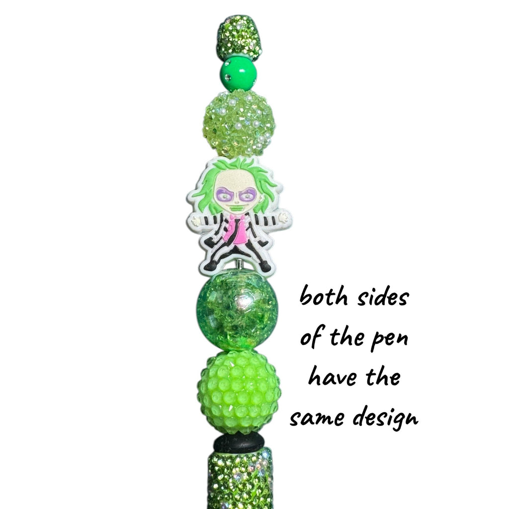 Beetlejuice-themed Beaded Novelty Pen with Green Character Charm Design