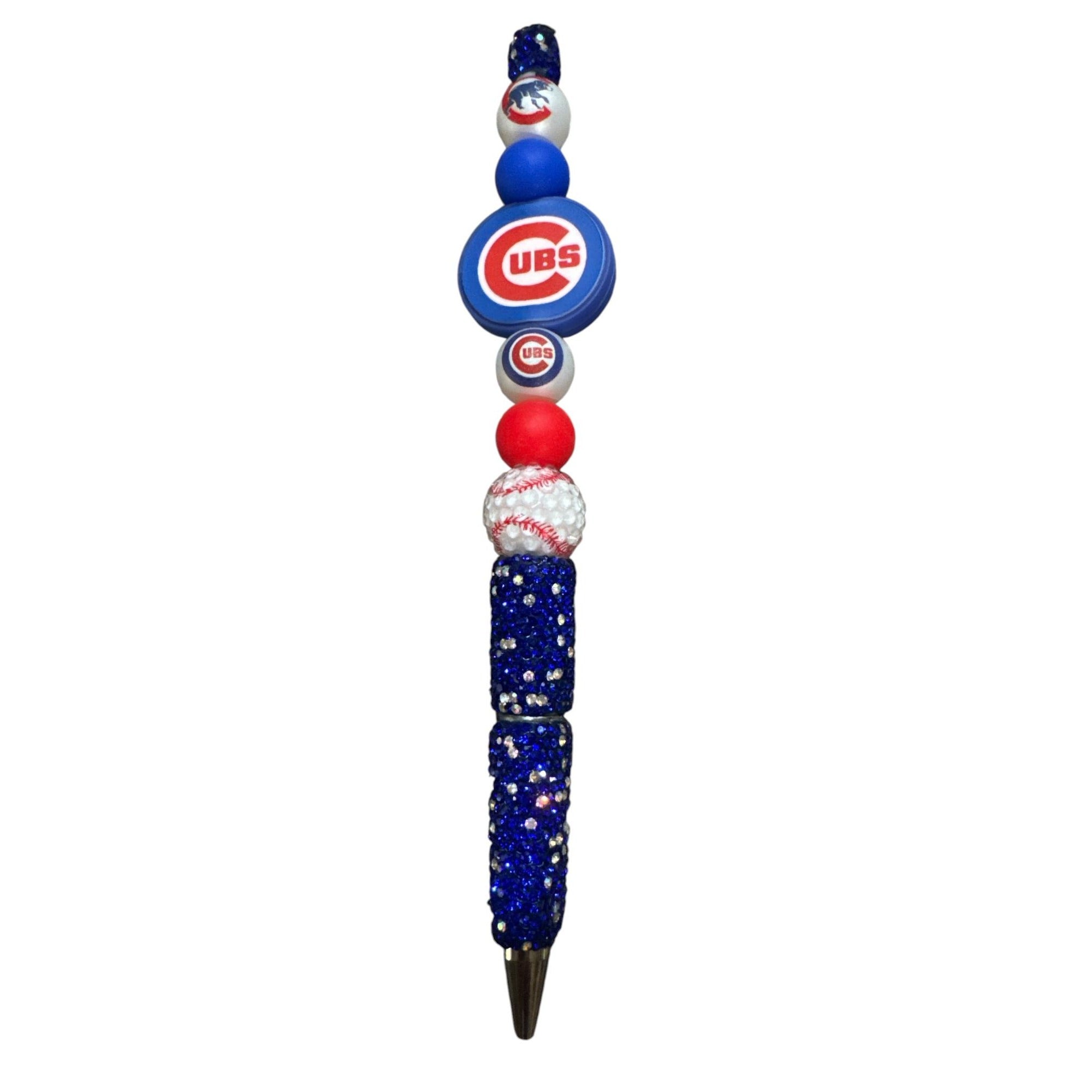 Chicago Cubs Themed Beaded Pen With Blue Glitter Accents For Writing Or Gifts