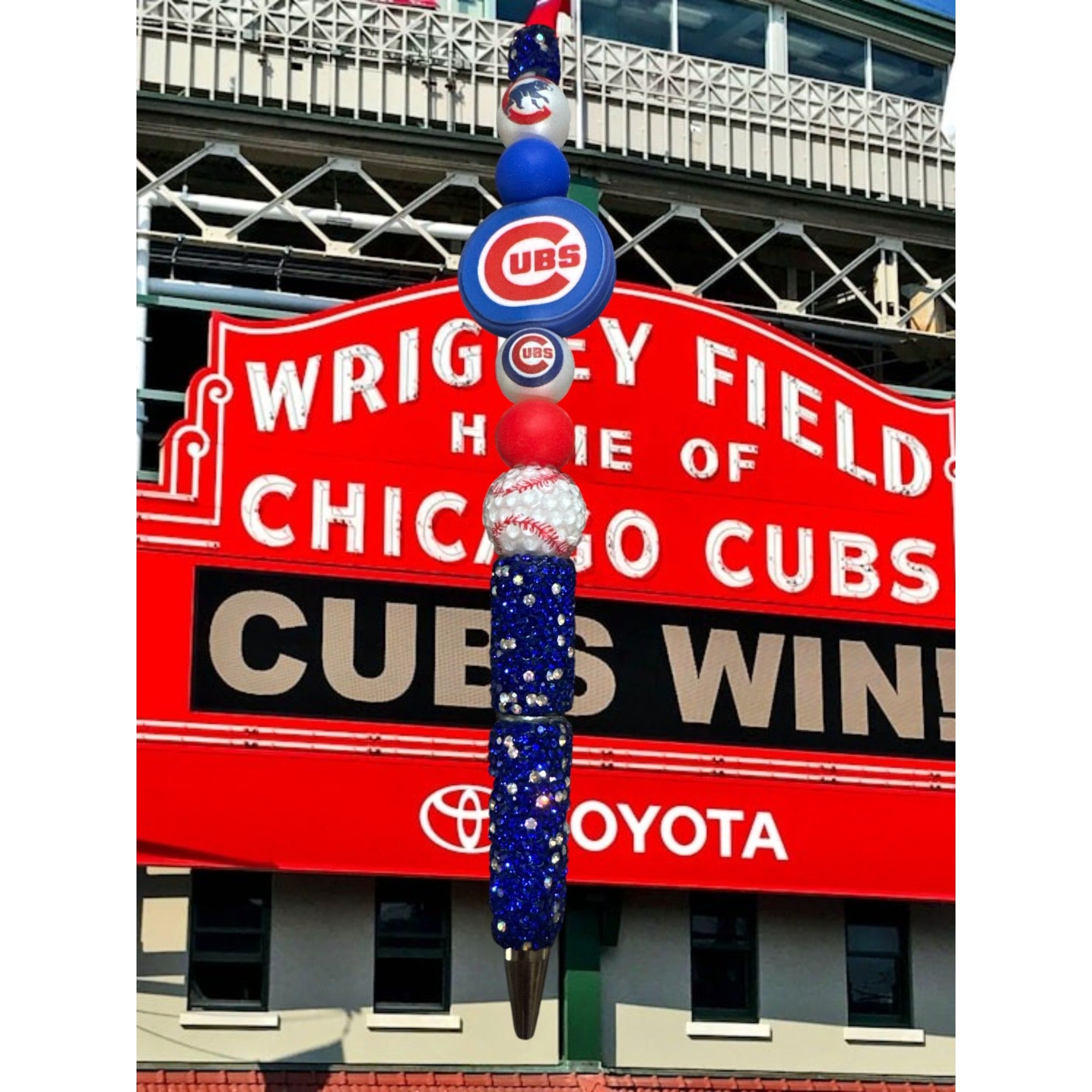 Chicago Cubs Themed Beaded Pen With Blue Glitter Accents For Writing Or Gifts