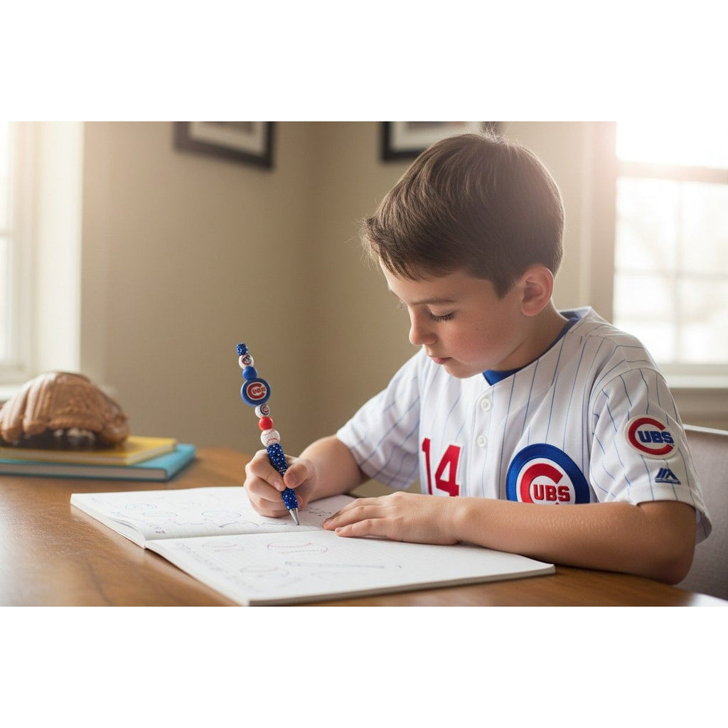 Chicago Cubs Themed Beaded Pen With Blue Glitter Accents For Writing Or Gifts