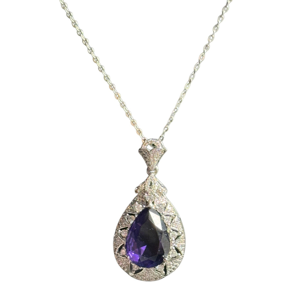 Sterling Silver Teardrop Purple Gem Pendant Necklace – Ornate Halo Design, Sparkly Stones
