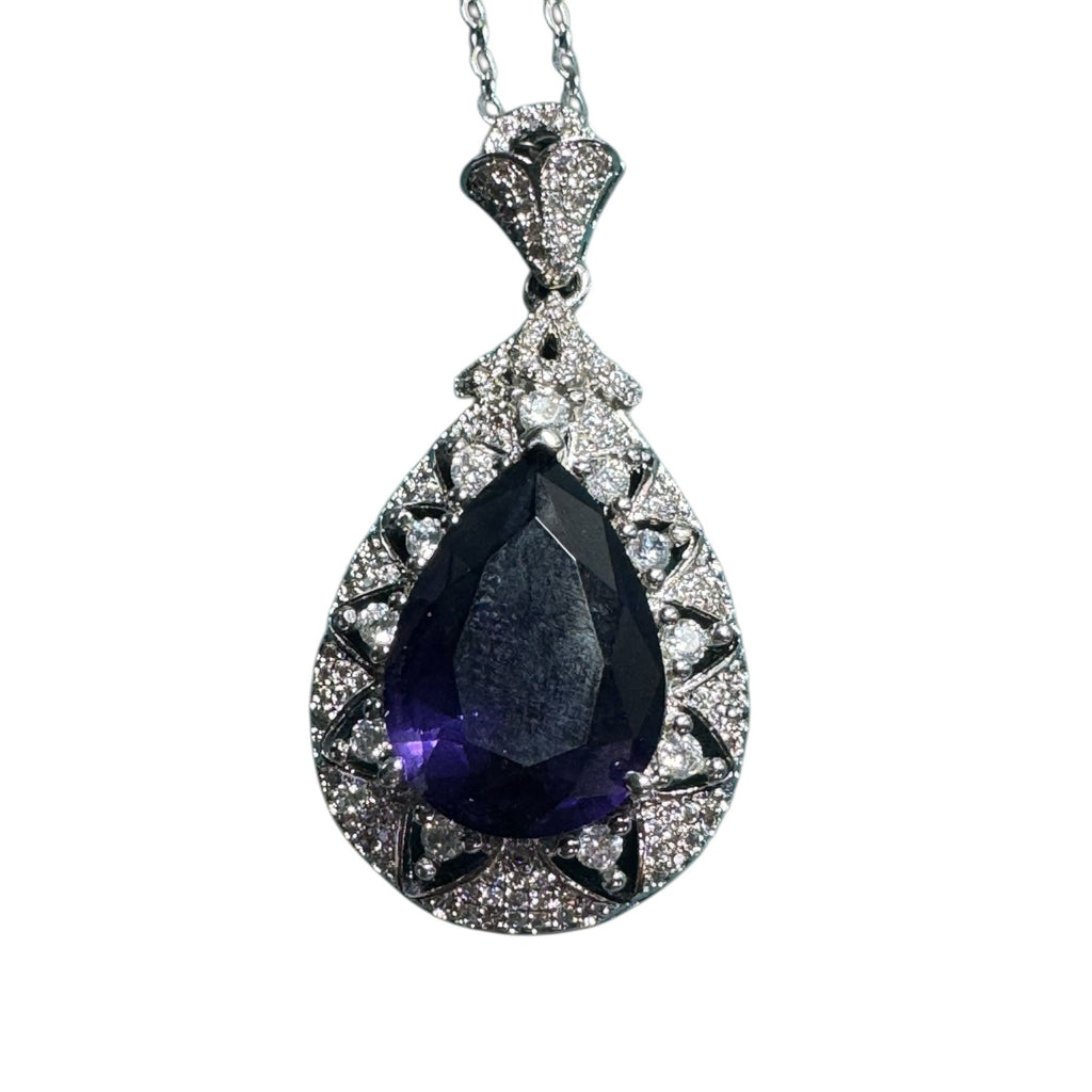Sterling Silver Teardrop Purple Gem Pendant Necklace – Ornate Halo Design, Sparkly Stones