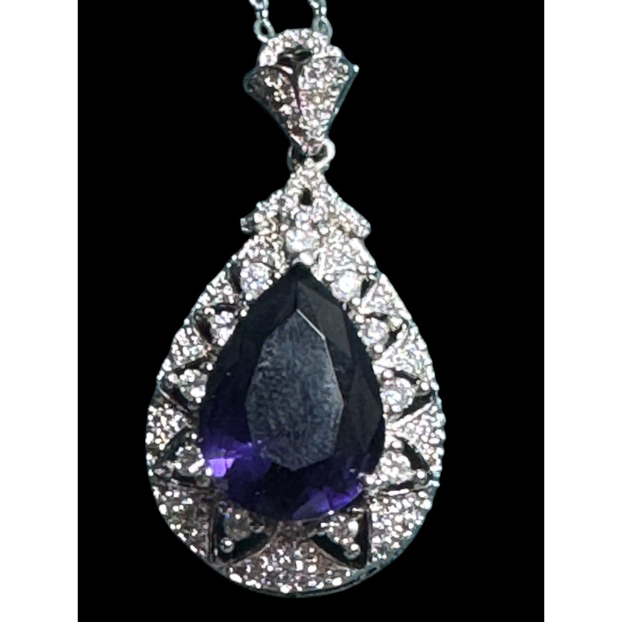 Sterling Silver Teardrop Purple Gem Pendant Necklace – Ornate Halo Design, Sparkly Stones