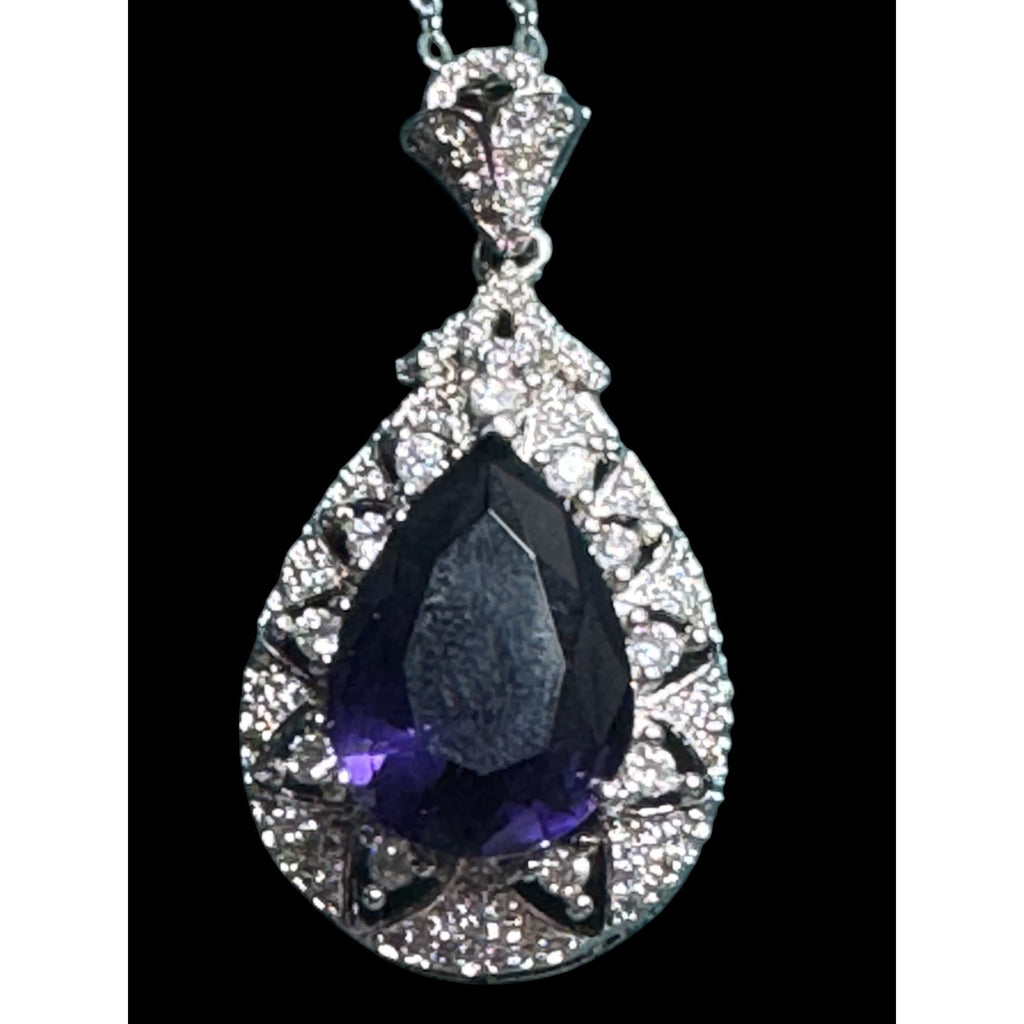 Sterling Silver Teardrop Purple Gem Pendant Necklace – Ornate Halo Design, Sparkly Stones