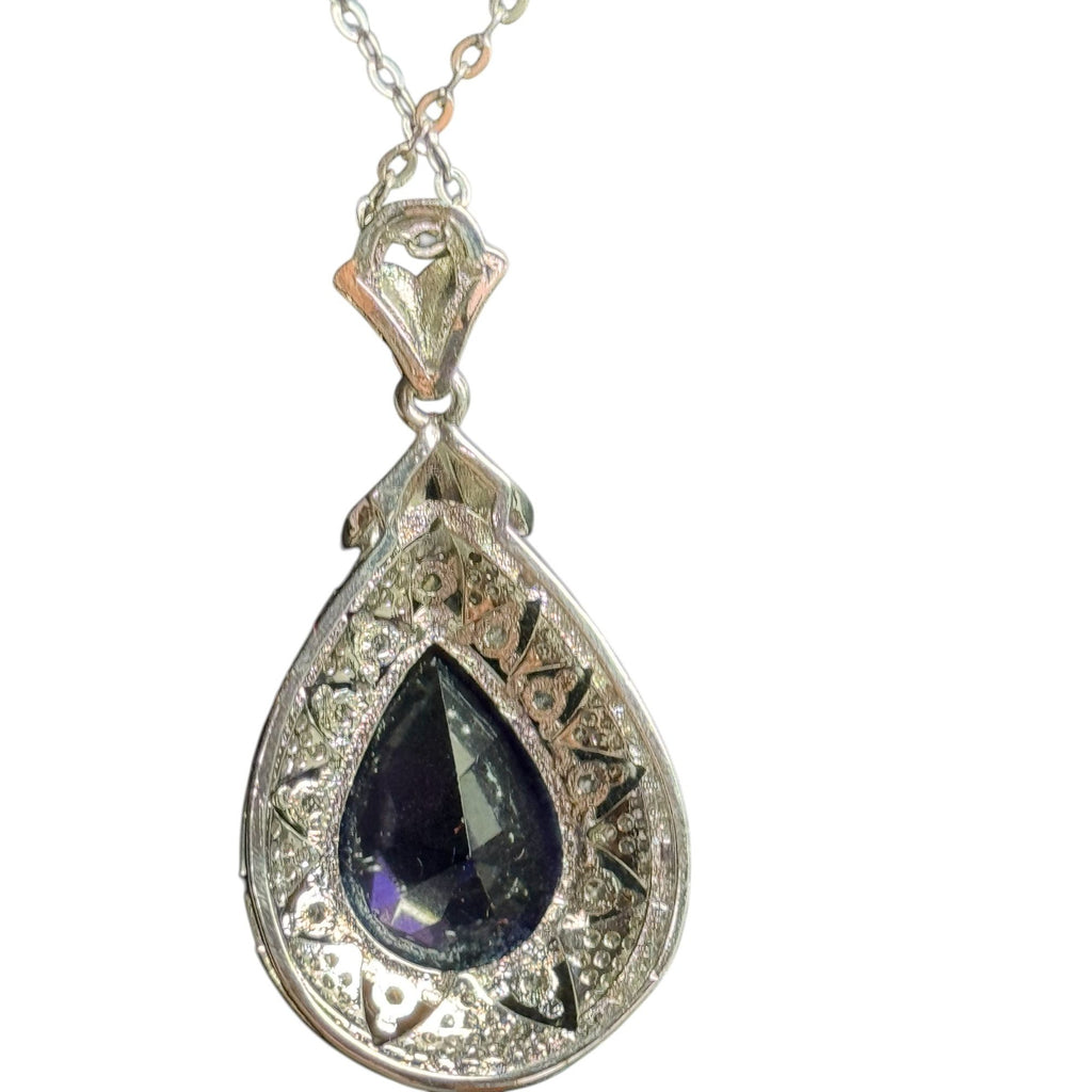 Sterling Silver Teardrop Purple Gem Pendant Necklace – Ornate Halo Design, Sparkly Stones